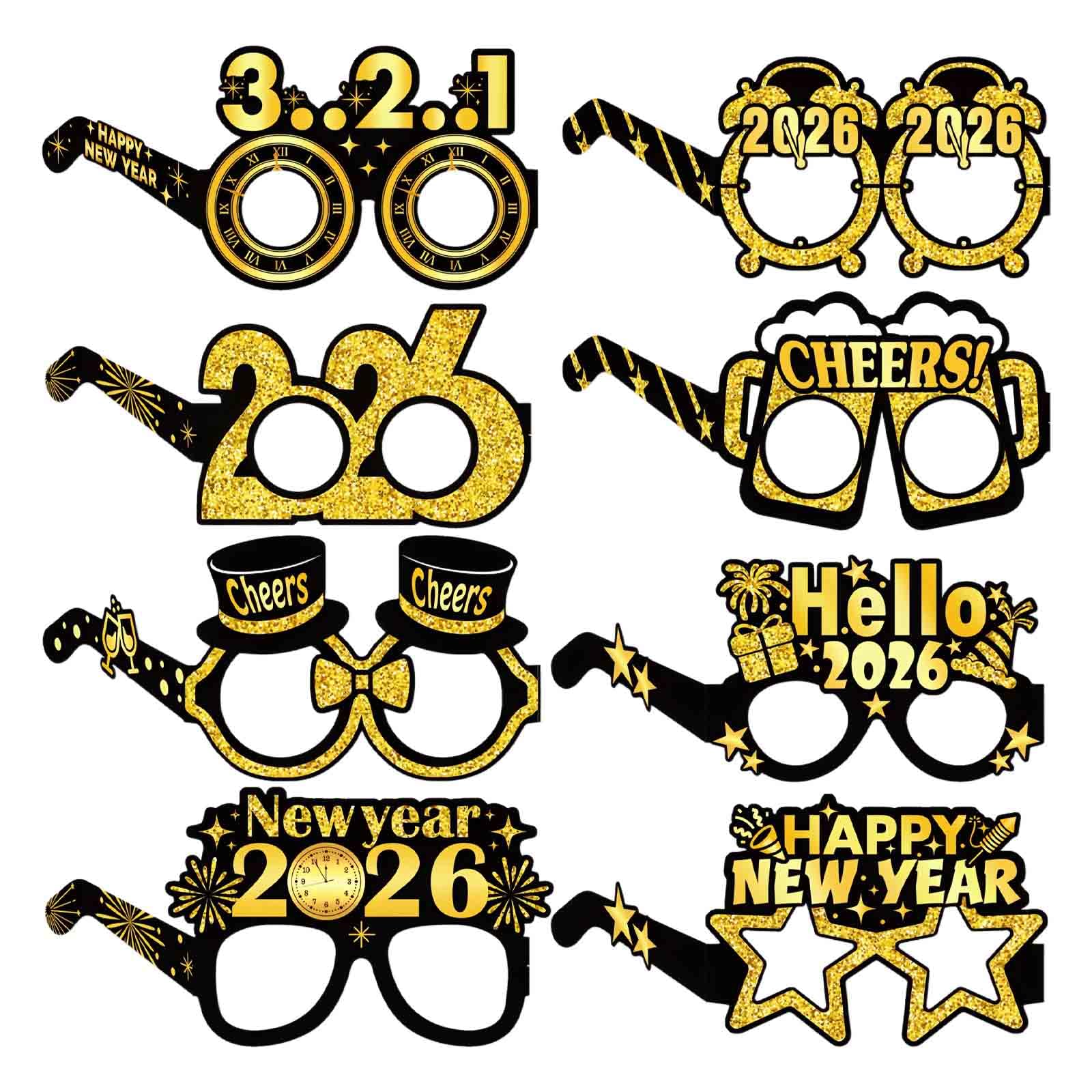 Ximinwzm 8 Pcs Happy New Year Glasses, New Years Eve Decorations 2026, Black & Gold Paper Eyeglasses Photo Booth Props, Novelty Party Glasses for News Year's Eve Party Accessories