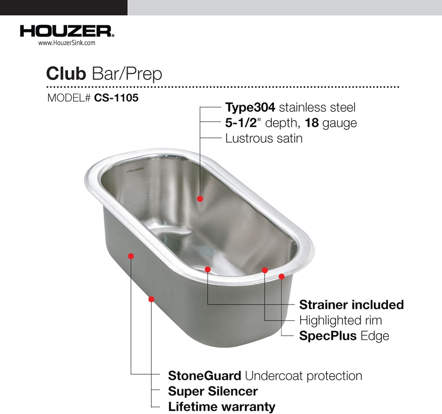 Houzer CS-1105-1 Club Series Undermount Bar Prep Sink, Basket Strainer Included, 9-1/4" x 18", Stainless Steel - - 