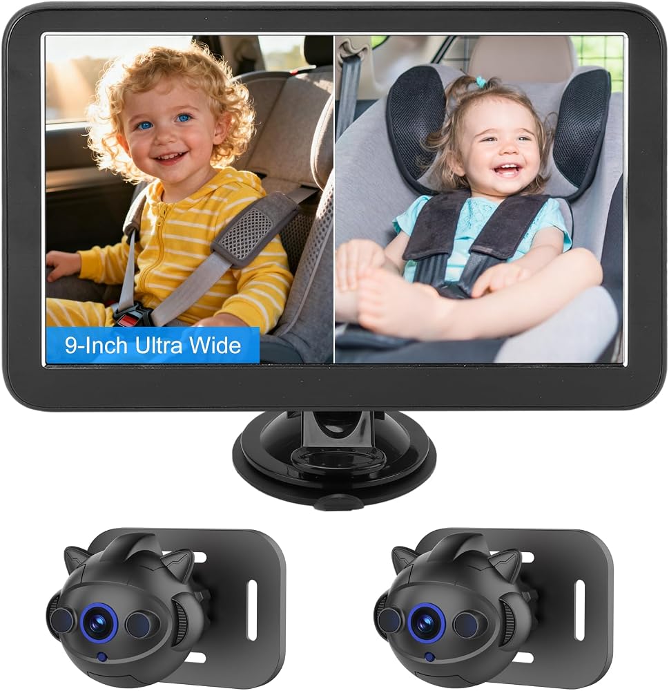 Shkalacar Baby Car Camera 9 Inch Baby Monitor for Car Dual Channel 1080P HD with 2 IR Night Vision Cameras Seat Camera 150 Wide Angle for Rear Facing Seat Kids Infants Pets