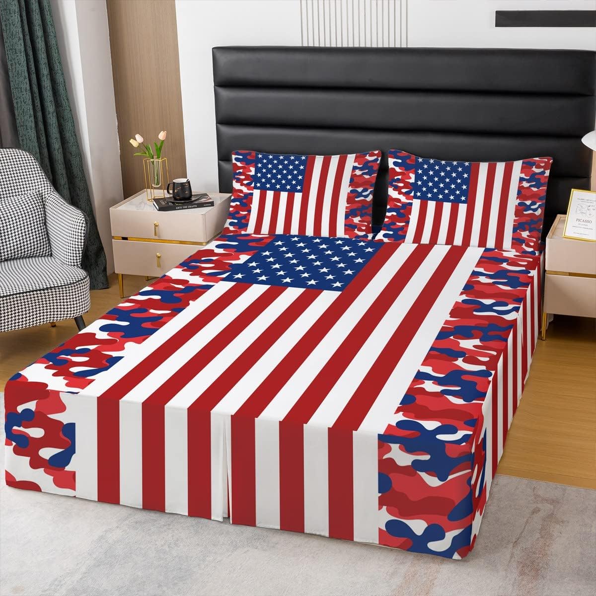 American Flag Bed Skirts Queen Size Red Camouflage Bed Skirt for Kids Child,Camo United States Flag Bedskirt Blue Red White Stars and Stripes Bedding Decor USA National Flag Bedroom Decor