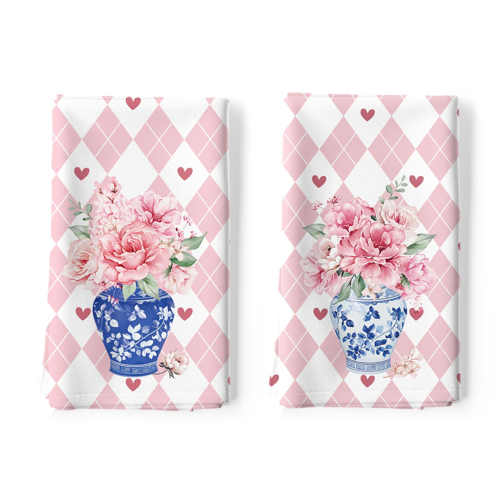 Arquiel Pink Flower Tea Towels 100% Cotton Quick Dry Blue Vase Kitchen Towels, 48 x 70 cm Absorbent Dish Cloth for Kitchen Home Decor, Housewarming, Birthday Gifts for Women, Set of 2