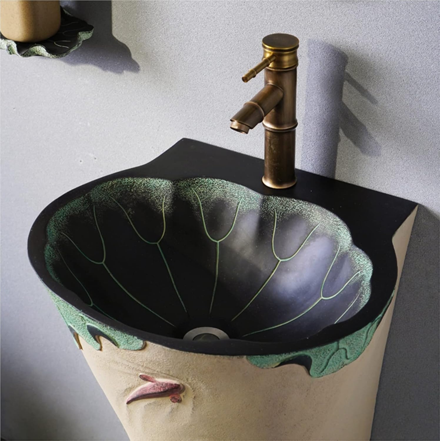 Bathroom Sink Vessel Sink Handmade Pedestal Lavatory Sink with Faucet and Drain Installation Hole for Indoor and Outdoor,Scratch and Stain Resistant,-Without Mirror