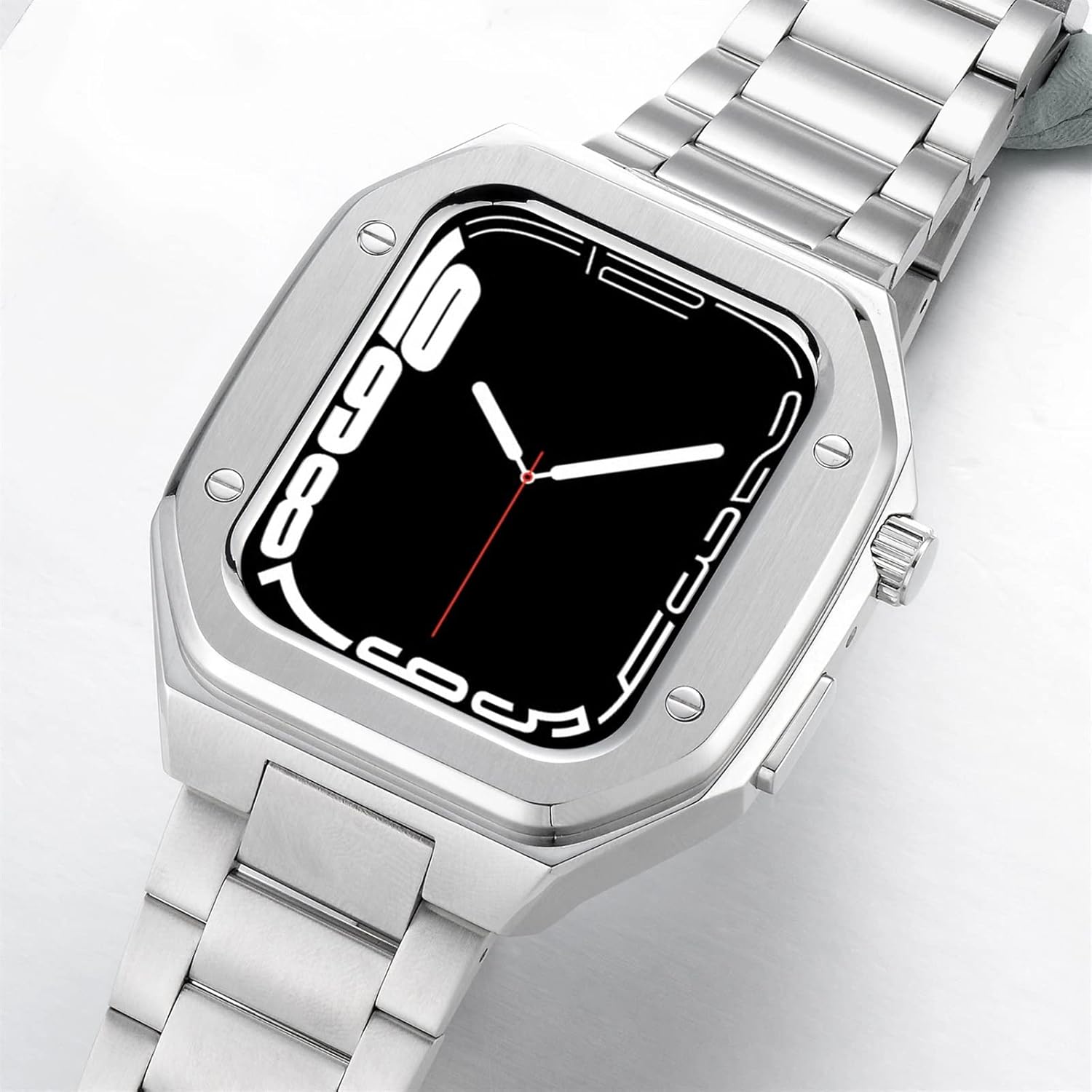 SCHIK Replacement Leather Strap Modification Kit For Apple Watch Band 44mm 45mm，Metal Case Bezel Strap For IWatch Series 8 7 SE 6 5 4