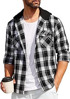 Chemise Homme à Carreaux Flanelle Chemise Bûcheron Homme Surchemise Manches Longues Capuche Bouton Chemise Décontractée