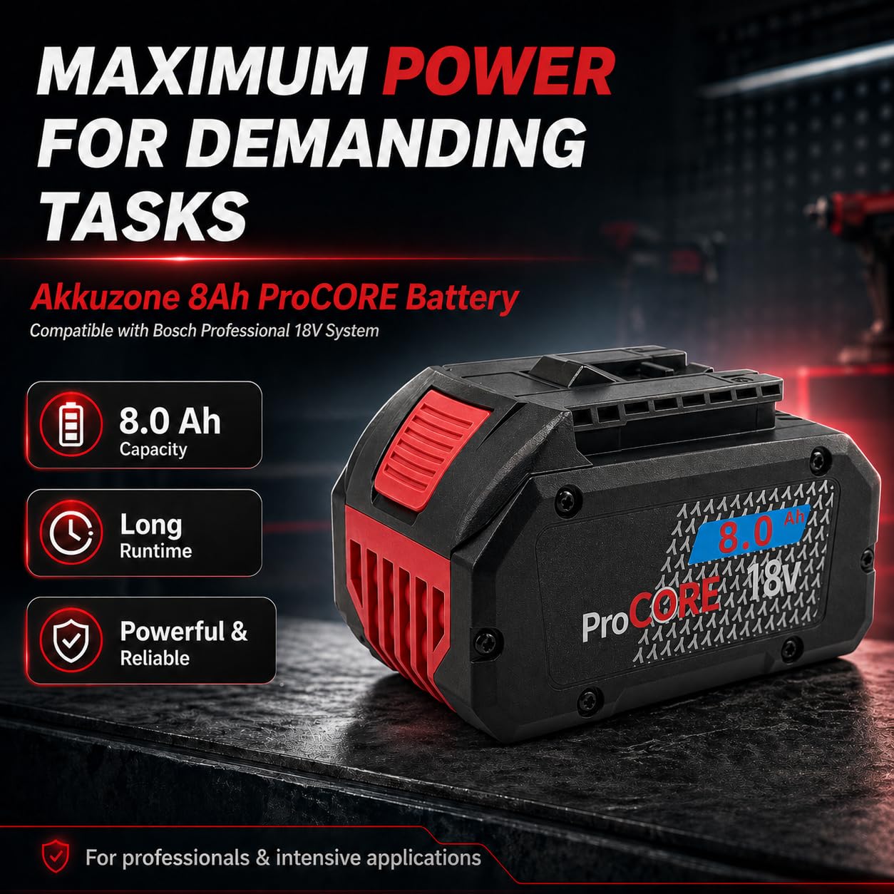 Batería de 8,0 Ah compatible con sistema Bosch Professional 18 V – Batería de repuesto de iones de litio de alto rendimiento – para dispositivos GBA/ProCORE – Larga duración y alto rendimiento