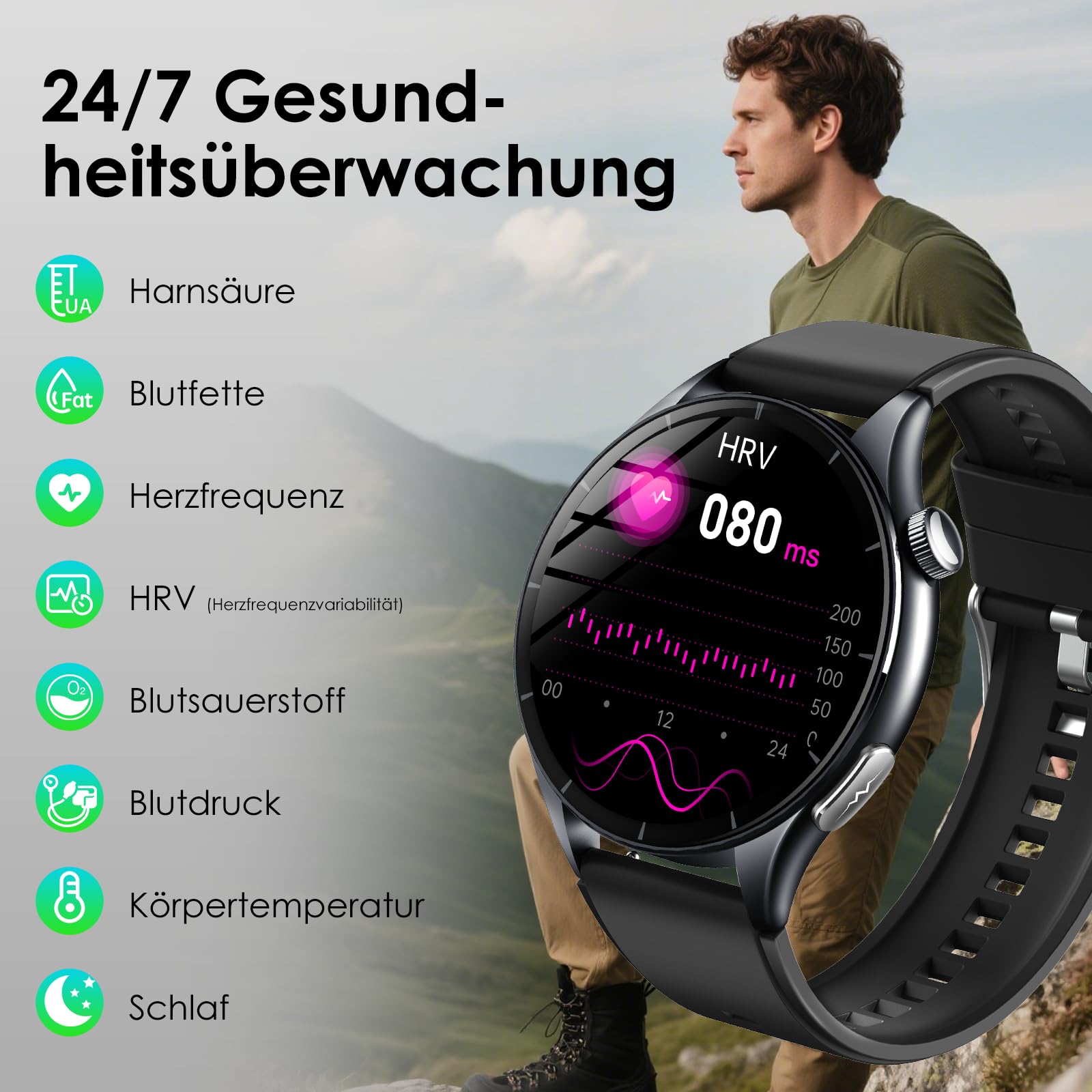 2026 Neu Smartwatch Herren mit EKG/Blutdruck/Harnsäure/Schlaf/HRV/LED-Licht | 1,56"AMOLED Rund Gesundheitsuhr mit Emotion/Stimmung/BMI/SpO2/Körpertemperatur/Pulsuhr,SOS-Notruf Fitnessuhr für iOS Android