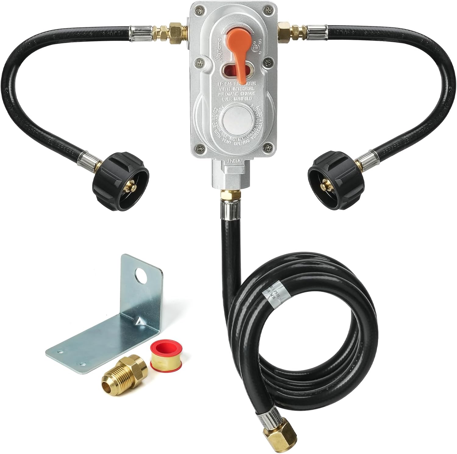 Skyflame 2-Stage RV Propane Regulator for Dual Tanks, Automatic Changeover Propane Gas Regulator with Two 18" RV Pigtail Hoses for RV Trailers Camper