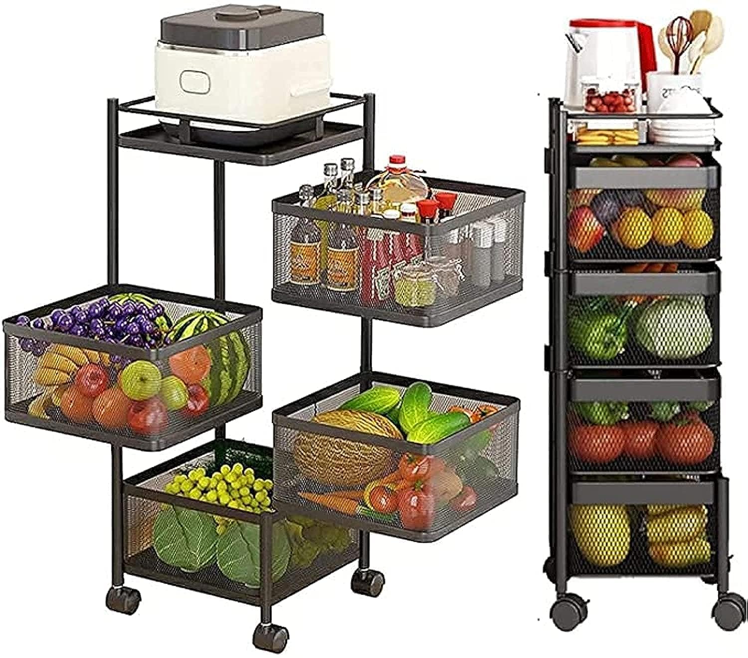 SHOWAYRotating Storage Rack Multi-layer Kitchen Storage Rack Fruit and Vegetable Storage Basket Floor Rolling Multifunctional Home Shelf Kitchen Bedroom Bathroom (Black, 4 Layers-Square)