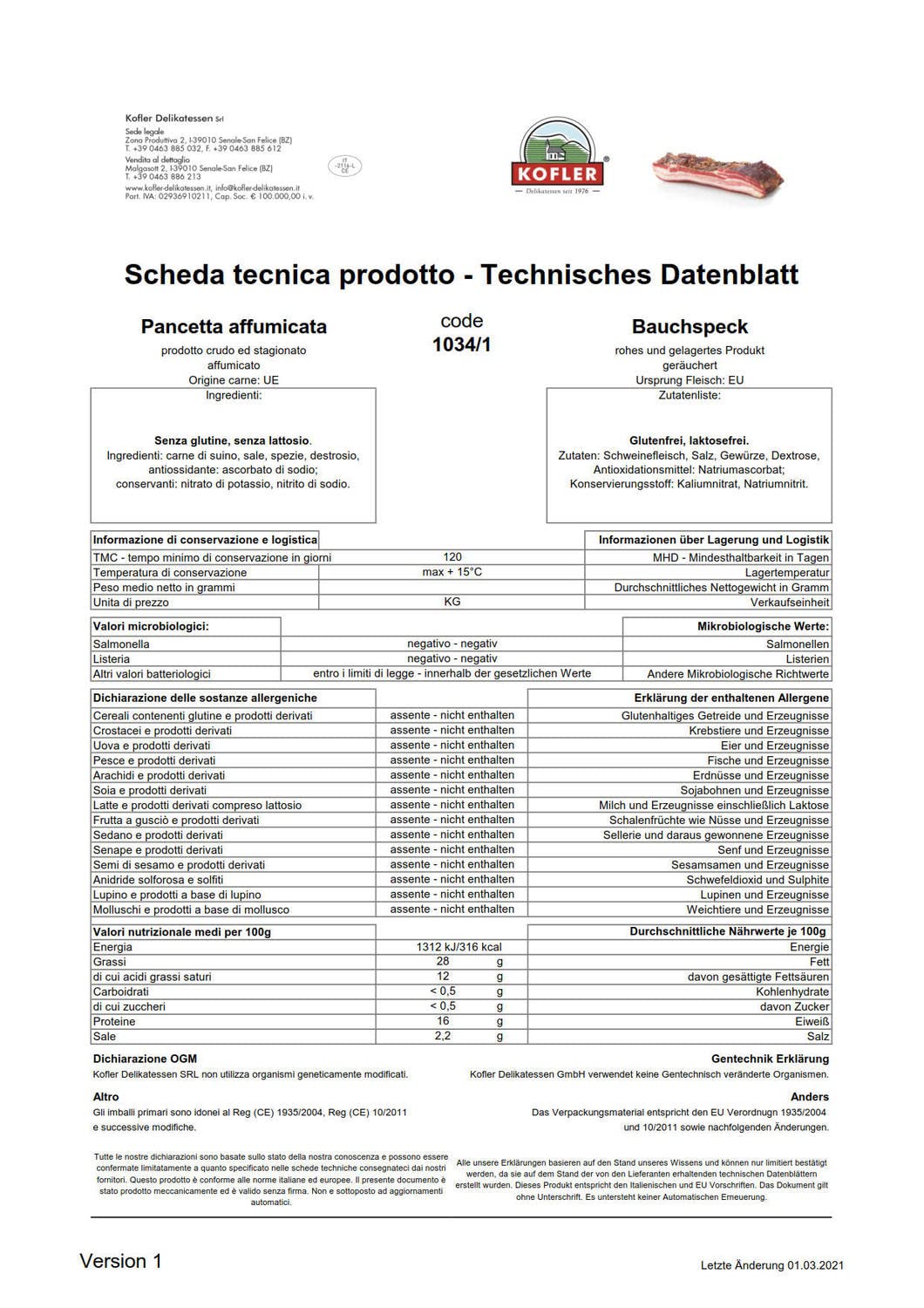 Bauchspeck geräuchert 1/2 vac. ca. 1,60 kg. - Kofler Delikatessen