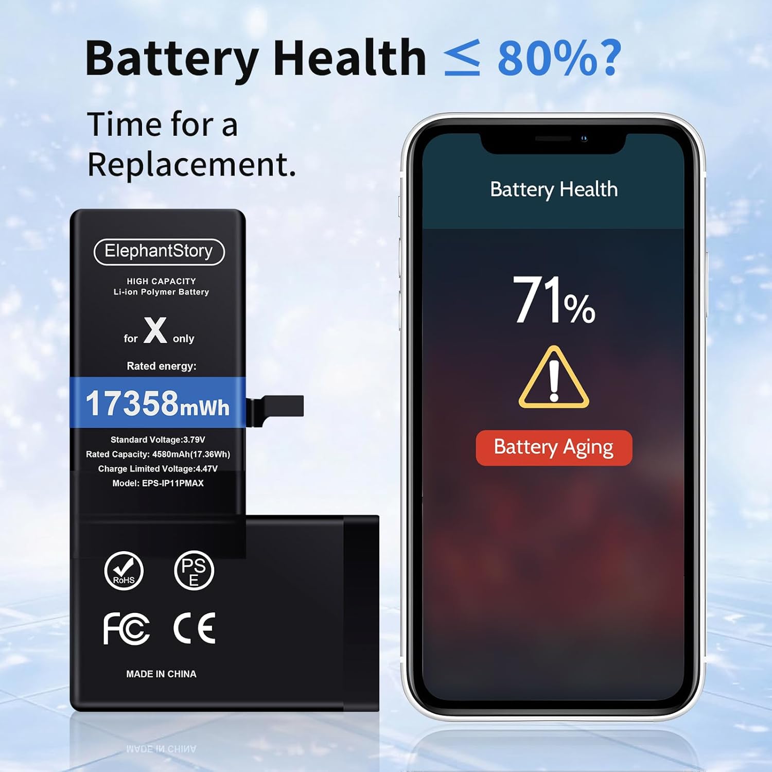 ElephantStory Replacement Battery for iPhone X: High Capacity 0 Cycle Li-ion Polymer Battery for iPhone X with Repair Tool Kit - Compatible with Model A1865 A1901 A1902