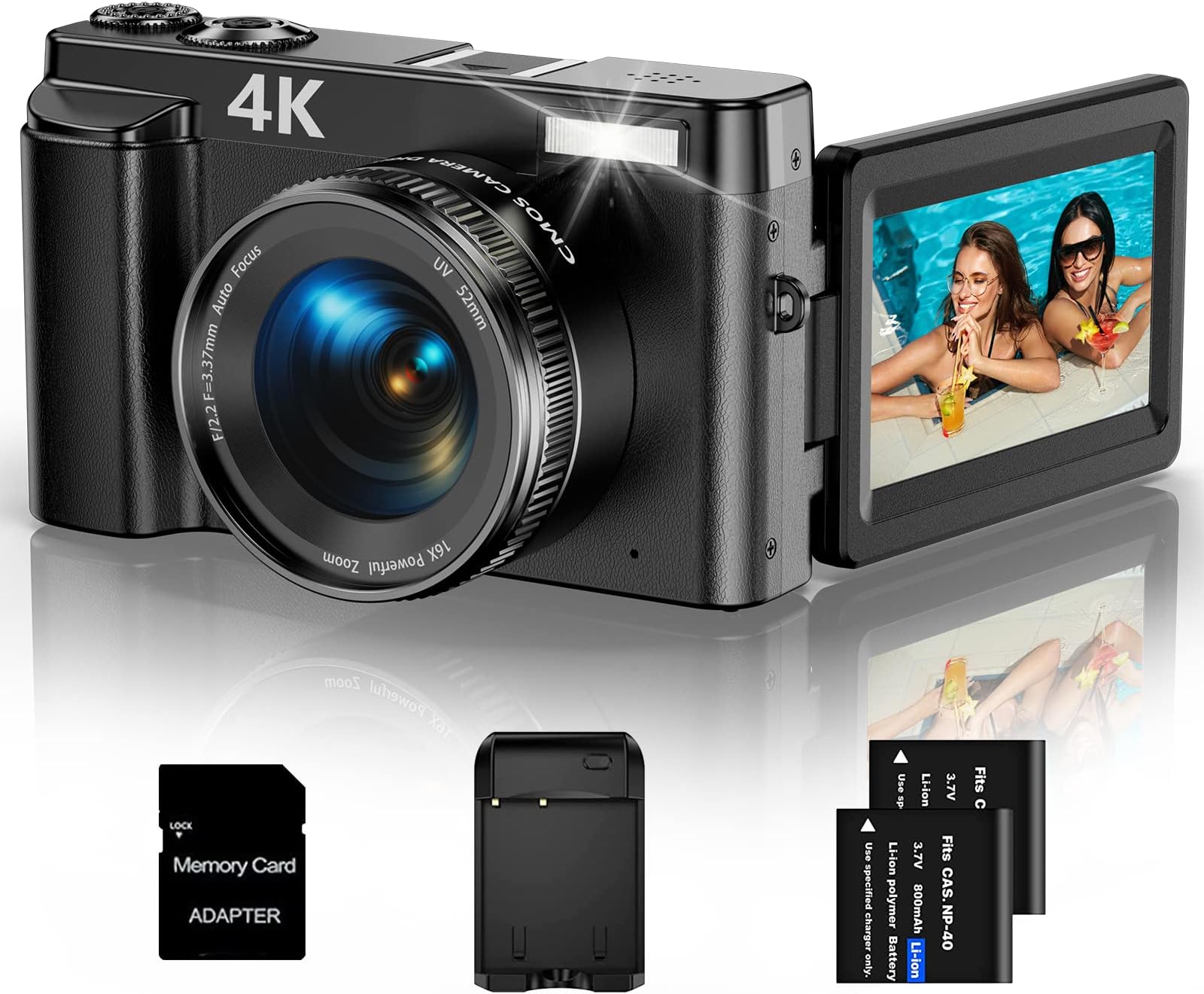 4K Digital Camera Photography Video Autofocus 48MP Vlogging Camera YouTube Compact Camera 16X Digital Zoom Flash 180 Degree 3.0'' Flip Screen,32G SD Card,2 Batteries & Charger DC101 Black