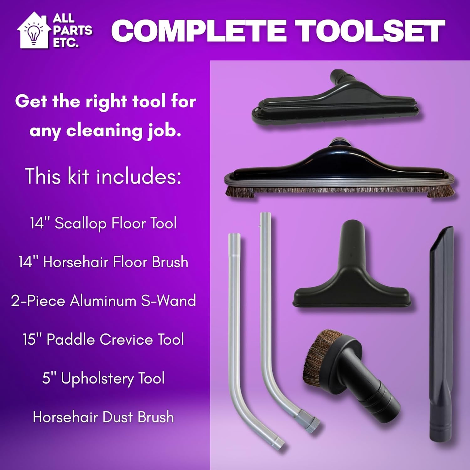 Commercial Backpack Vacuum Attachment Kit 1 1/2" - Compatible with ProTeam, Tennant, Sandia, Powr-Flite & More - with Aluminum S-Wand, Hard Floor Tool, Crevice Tool, Dust & Upholstery Brush 7-Pack