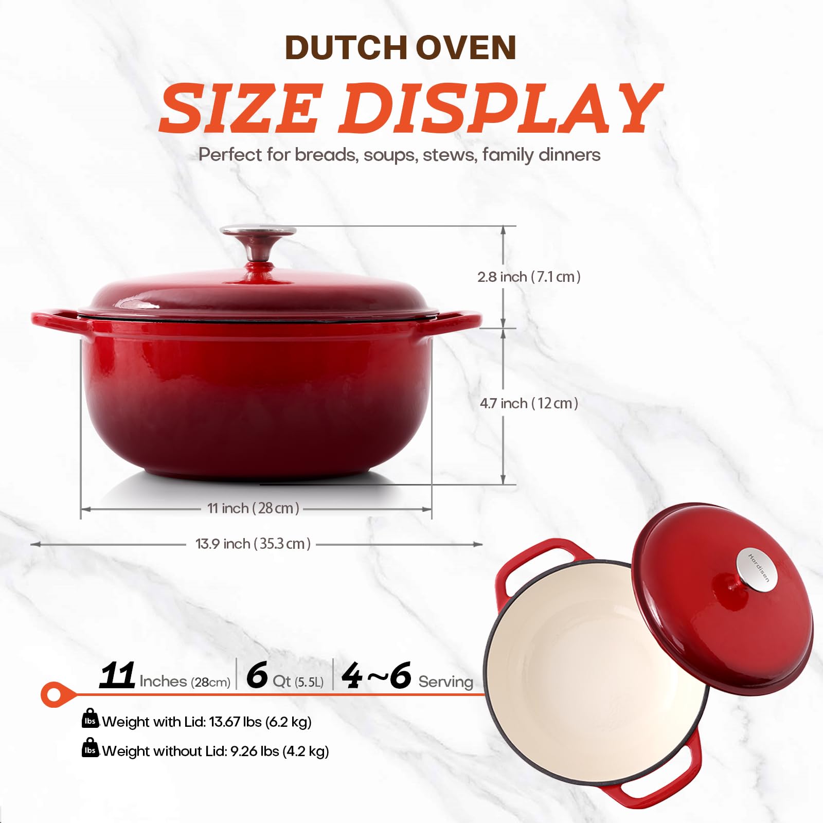Naczynie Żaroodporne Kordisen Z Żeliwa Emaliowanego 28 cm/5.7L Z Pokrywką, Do Pieczenia Chleba Na Naturalnym Zakwasie, Bezpieczne W Piekarniku Do 260°C, Solidne I Przestronne, Czerwone