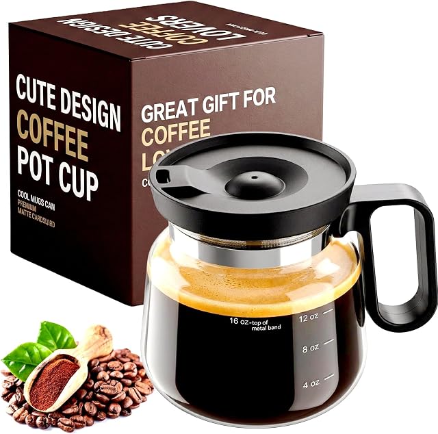 Coffee Pot Mug with Lid, 16oz Glass Mini Coffee Pot Cup, Heat-Resistant Clear Travel Mug, Spill-Resistant Novelty Coffee Cup for Office Desk & Coffee Lovers Gift