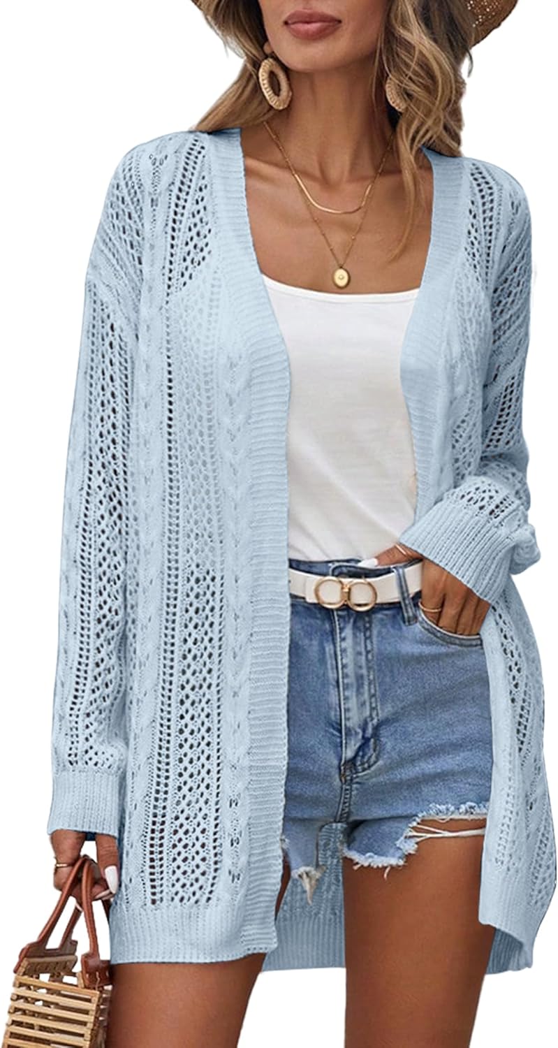 Womens Crochet Lightweight Cardigans Long Sleeve Open Front Kimonos Boho Summer Cardigan Sweater Cover Up Blue