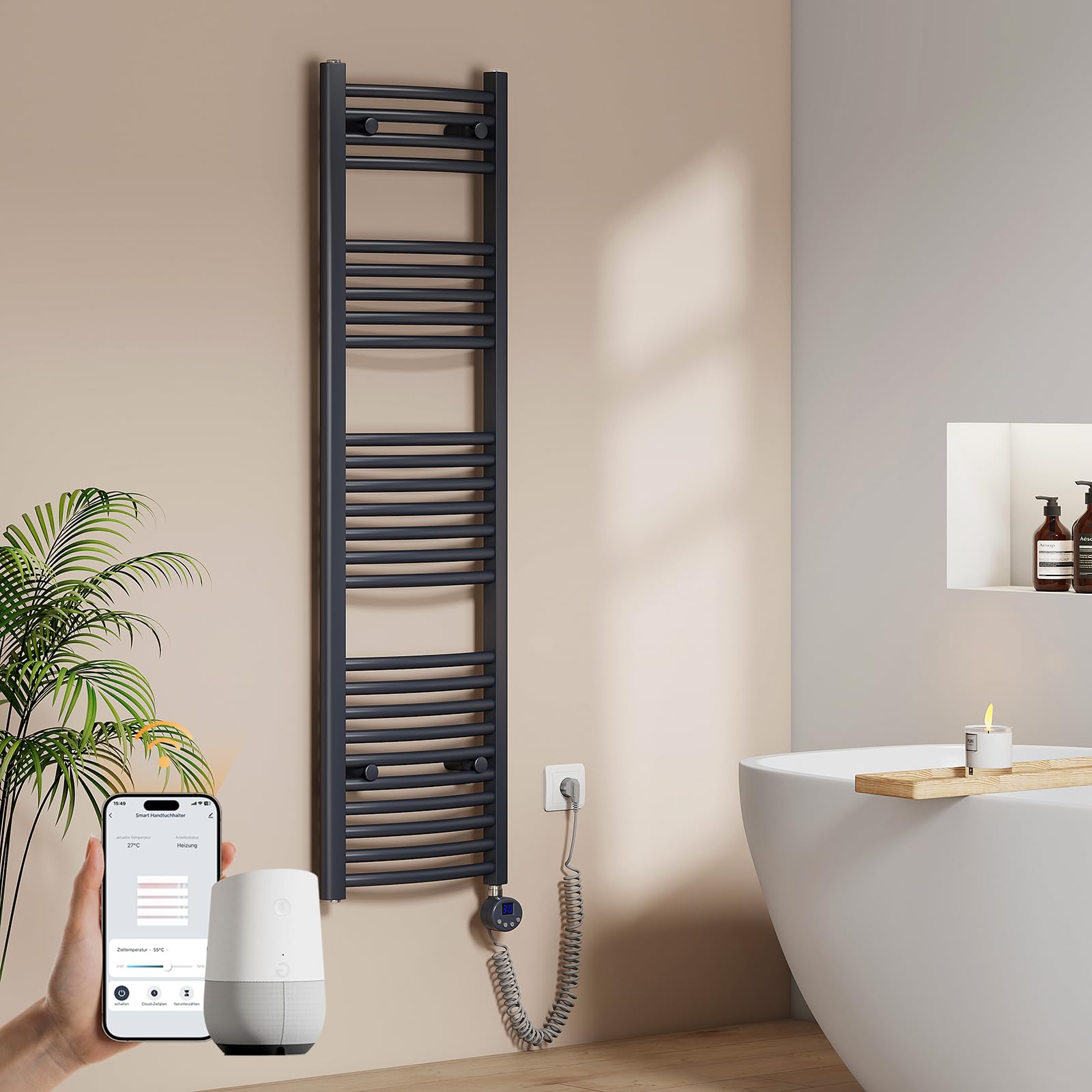 EMKE Seche Serviette Electrique avec WiFi Thermostat, 140x40 cm Anthracite | Chauffe Serviette Salle de Bain ,Sèche Serviette électrique,Porte-Serviettes Chauffant,500 W