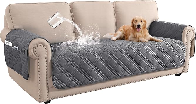 BellaHills 100% Waterproof 3 Seater Sofa Cover Slipcovers Couch Cover for Living Room Washable Seat Covers with Side Pocket Pet Couch Protector Grey