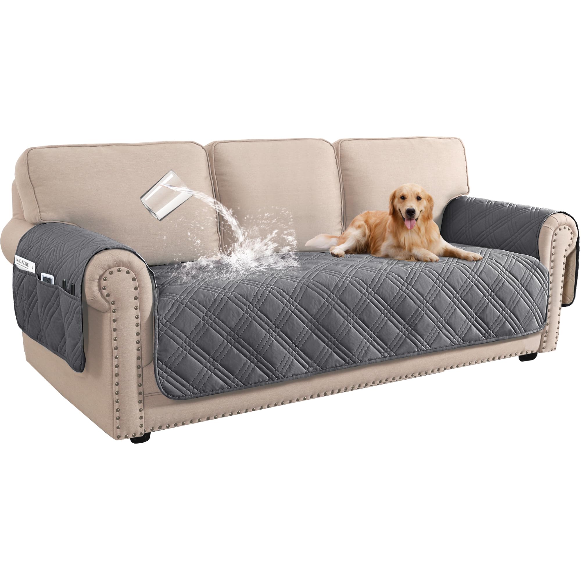 Turquoize Waterproof Couch Covers for Dogs Sofa Covers for 3 Cushion Couch Washable Sofa Seat Covers with Side Pocket Pet Couch Cover Protector Sofa Slipcovers(Sofa, Gray), GreyOEKO-TEX STANDARD 100