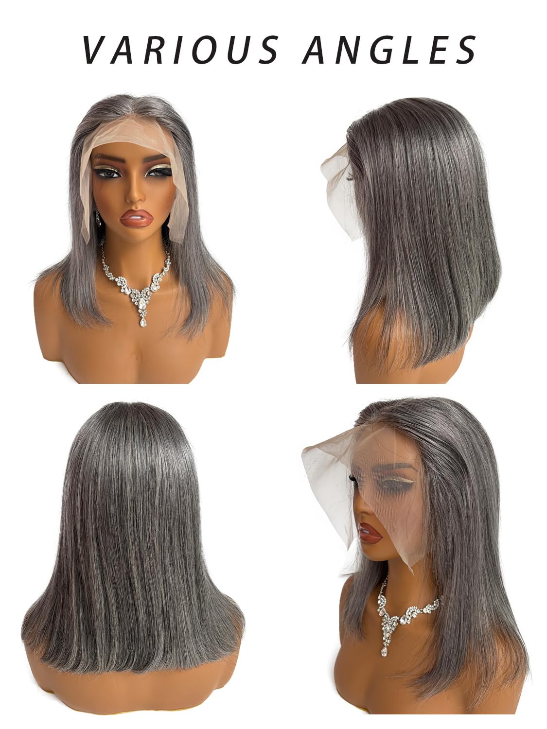 Licoville Salt and Pepper Gray Bob Wigs Human Hair for Black Women 8 Inch 13x4 HD Lace Frontal Wig Gray White Highlighted Salt & Pepper Bob Wig Short 180% Density Grey Lace Front Wig with Highlights