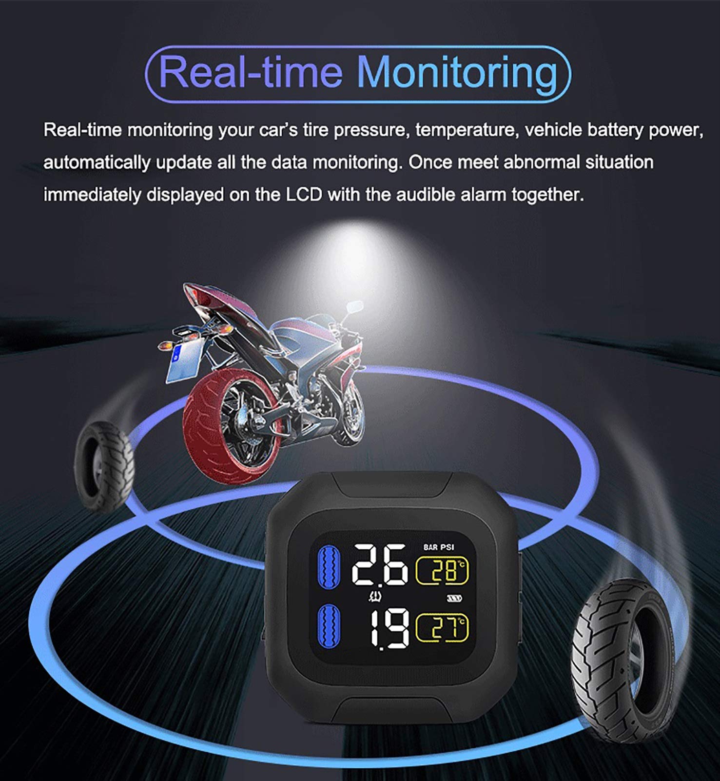 Sistema di monitoraggio della Pressione dei Pneumatici per Moto TPMS Wireless TPMS, IP5K4K Kit da monitoraggio in Tempo Reale Impermeabile IP5K4K 4,5 "con 2 sensore (Color : WI1)