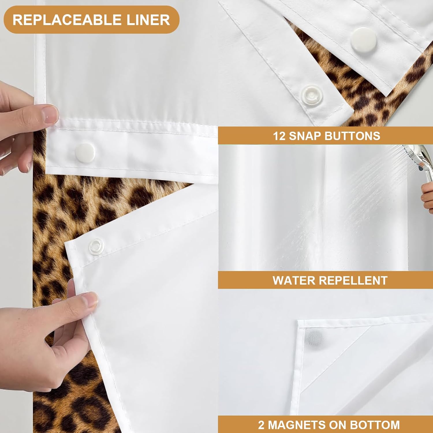 Hookless Shower Curtain Brown Leopard Shower Curtain and Liner Set Cheetah Print Bathroom Shower Curtains with Snap in Liner, Apply to Hotel Bath, Spa Like Bath Curtain,72" W x 75" L