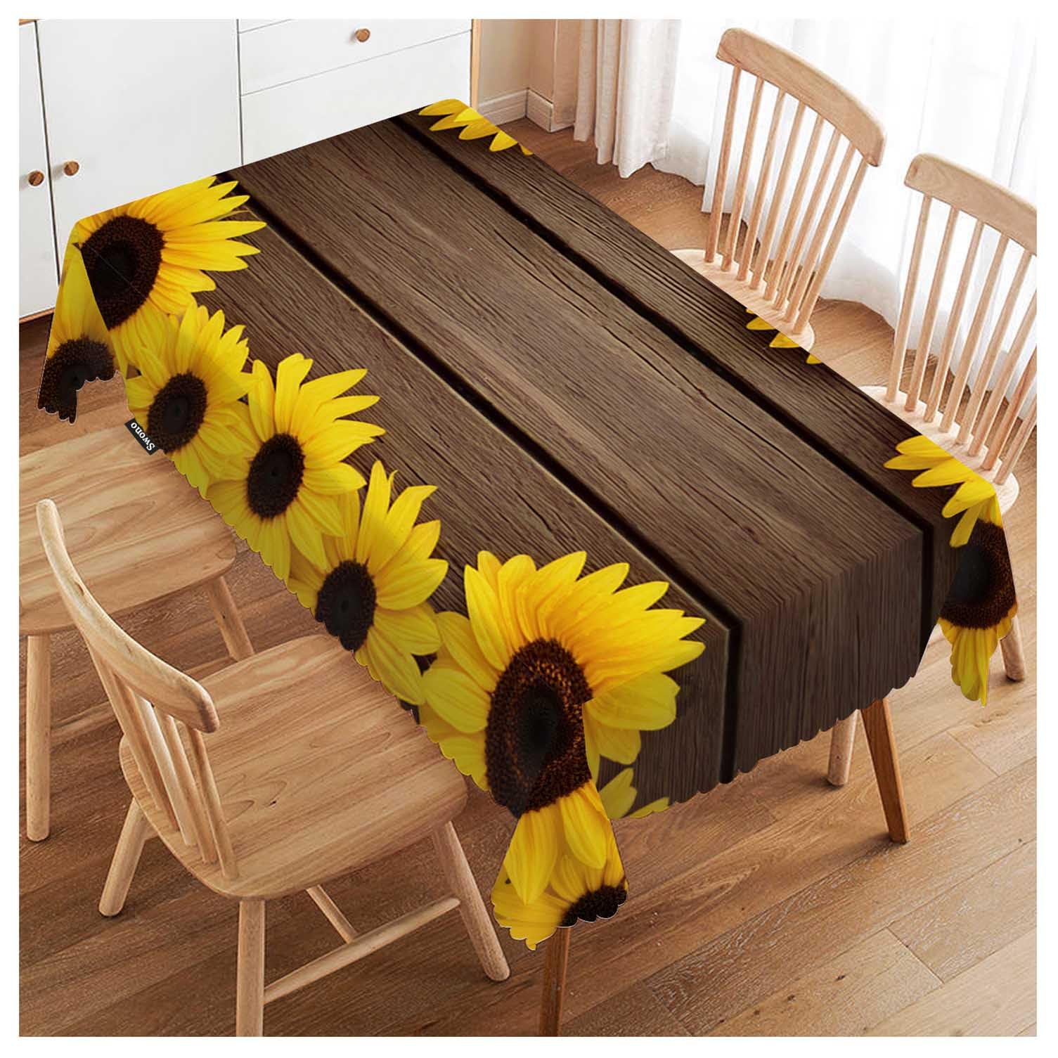 FJQWKLF Tablecloth 52"X70" Sunflowers, Garden Sunflowers Wooden Board Rectangle Table Cover Anti-Oil Tablecloth for Dining Tables, Parties, Wedding and Banquet Decoration
