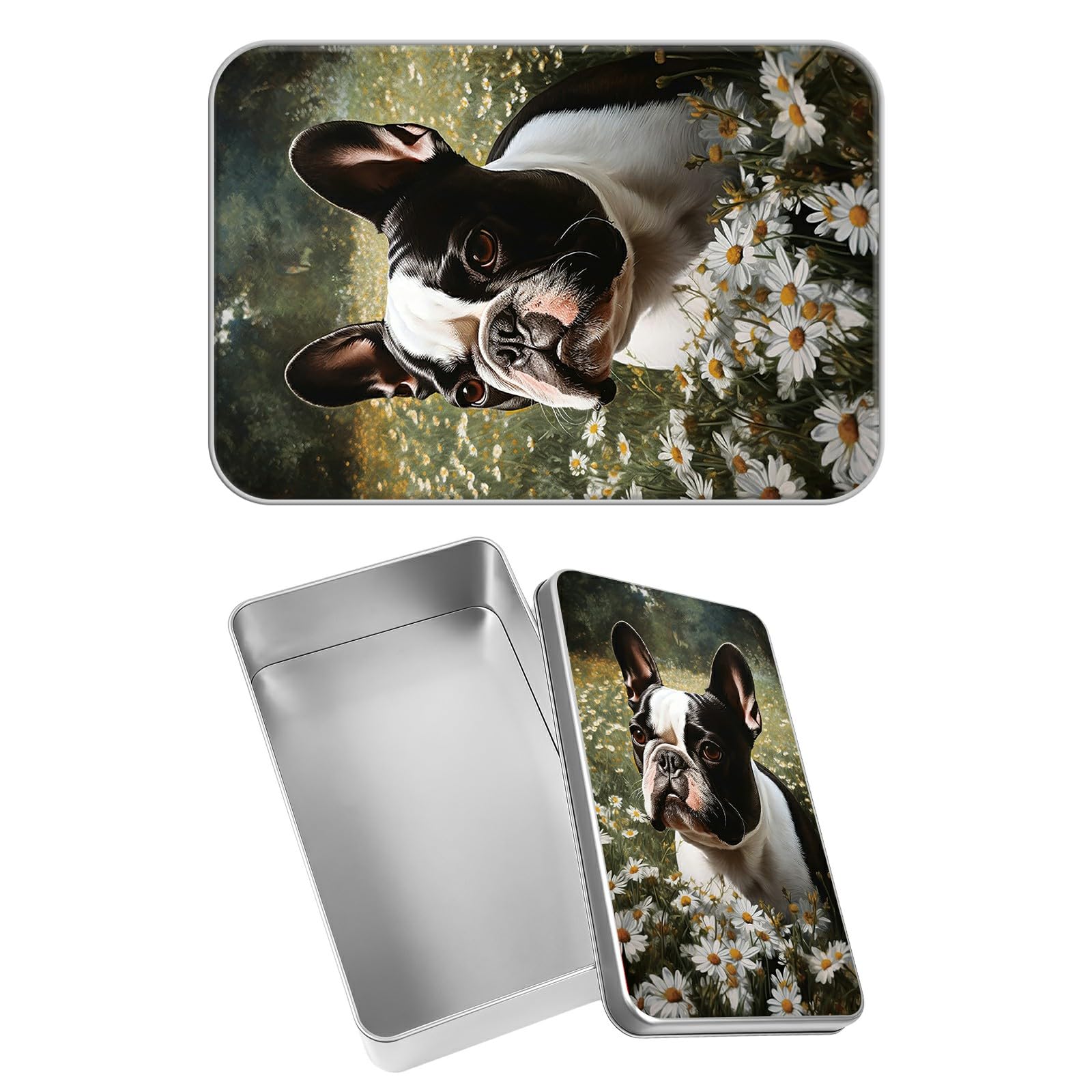 Rectangular Metal Tin Box with Removable Lid, Bulldog Daisy Decorative Printed Metal Storage Container for Jewelry Pen Eraser Pill Candy Craft 4.9 x 3.54 x 1.57 inch– Single Pack