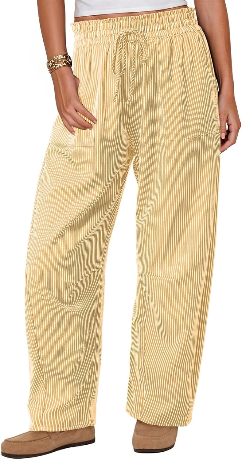 Dokotoo Women's Striped Barrel Casual Pants High Waisted 2026 Elastic Drawstring Trousers