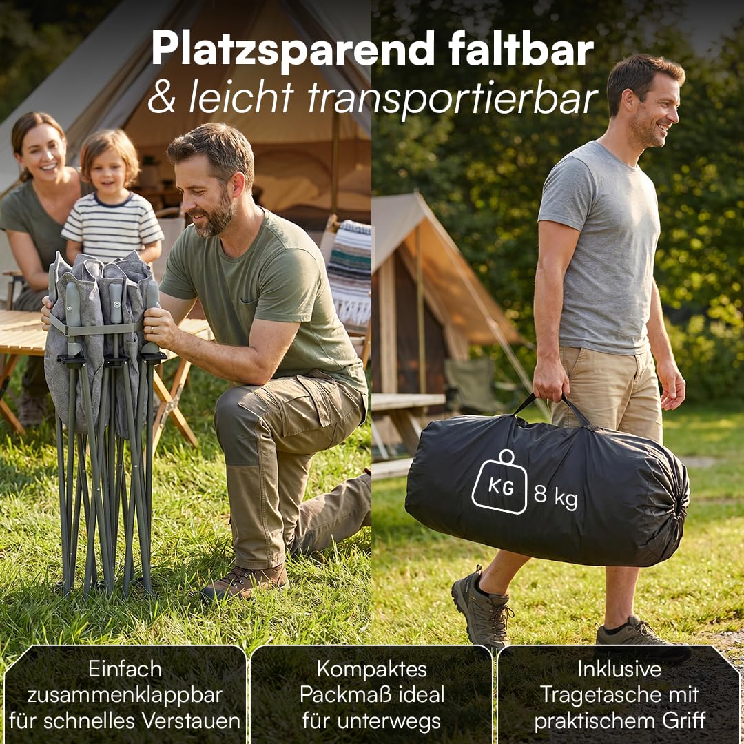STEELSØN Hoggar Campingstuhl faltbar 2 Personen – Klappstuhl 134cm breit – Camping Sofa mit 2 Seitentaschen & Tragebeutel – Camping Couch 320 kg belastbar – Sitzbank Outdoor - dick gepolstert - grau