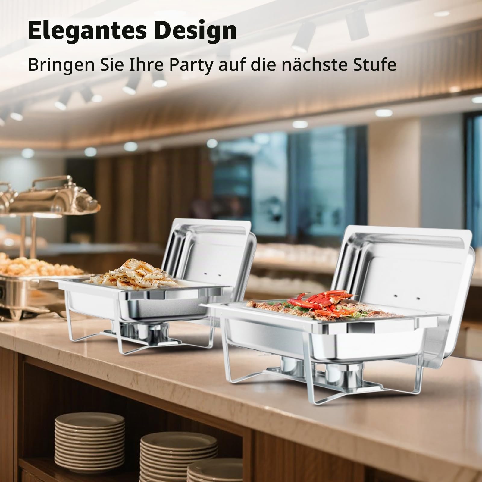 Rovsun Warmhaltebehälter Essen aus Edelstahl 9 L, Chafing Dish 60x36x30 cm, Speisenwärmer Speisebehälter,Wärmebehälter Buffet Wärmer Rechaud mit Rollrand & faltbaren Gestell 4pc