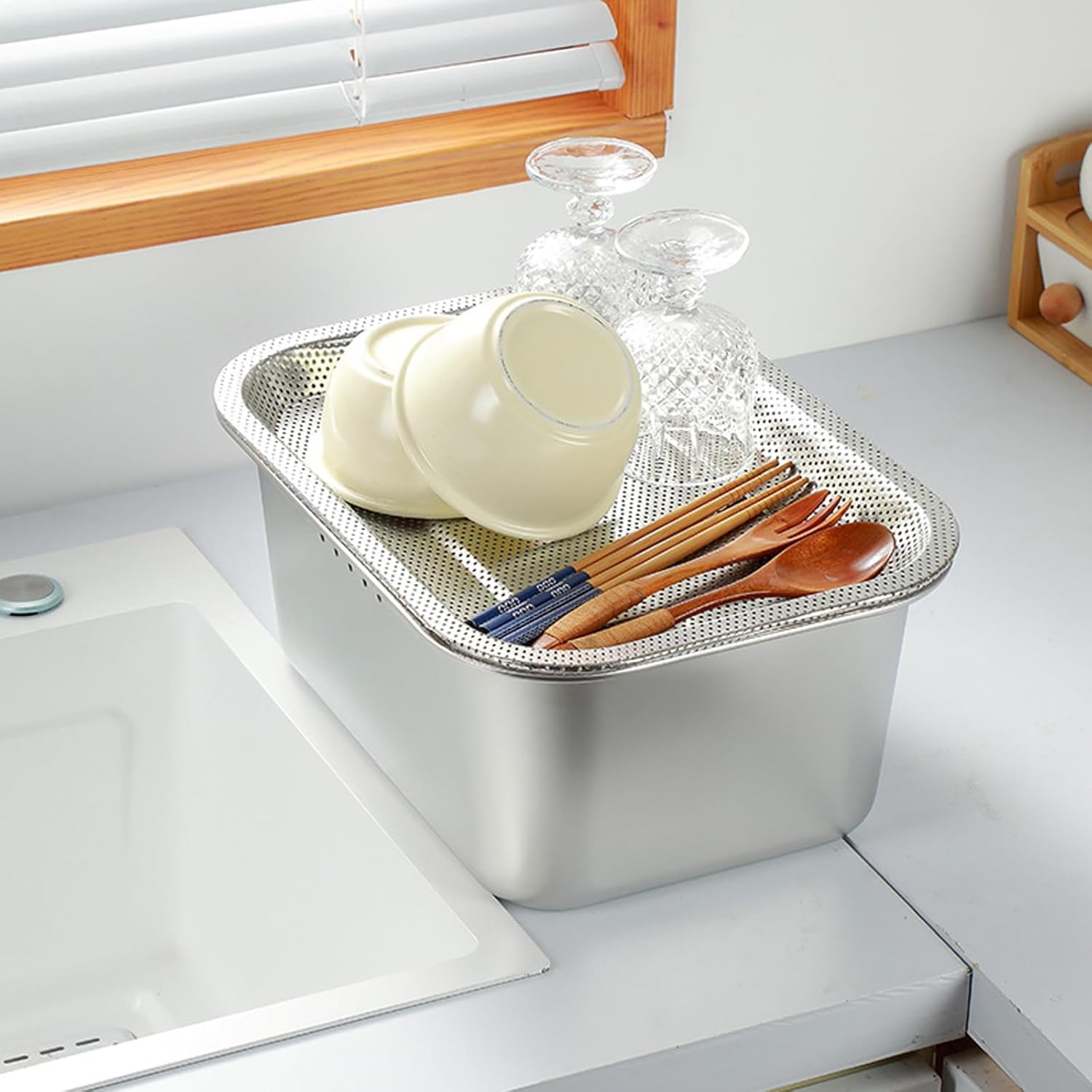 Space Saving Square Kitchen Colander Fine Meshes Multipurpose Use Draining Rice Vegetables Sturdy Easy Stainless Steel Strainer