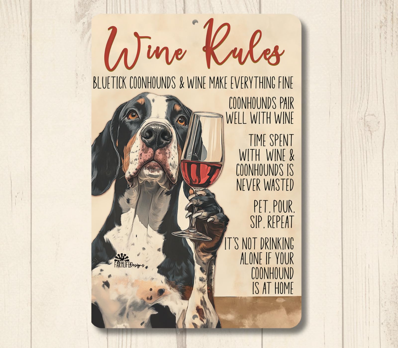 BlueTick Coonhound Wine Rules Sign bar coon dog hound coondog metal tin funny home decor