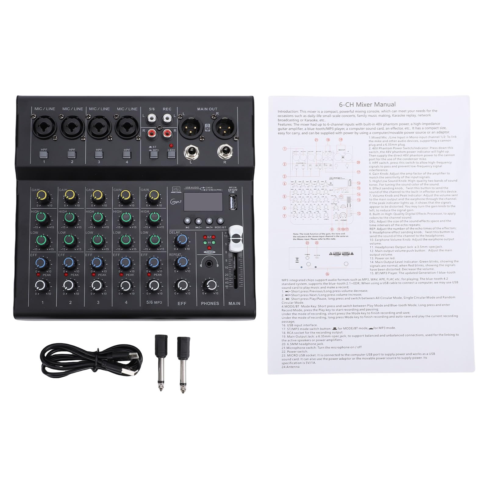 Walmeck 6-Kanal-Mini-Soundmixer, DJ-Controller, Professionelle Aufnahme-Soundkarte mit BT-MP3-Player, 48 V Phantomspeisung, Integrierter Gitarrenverstärker, Tragbare Mischkonsole für (Schwarz)