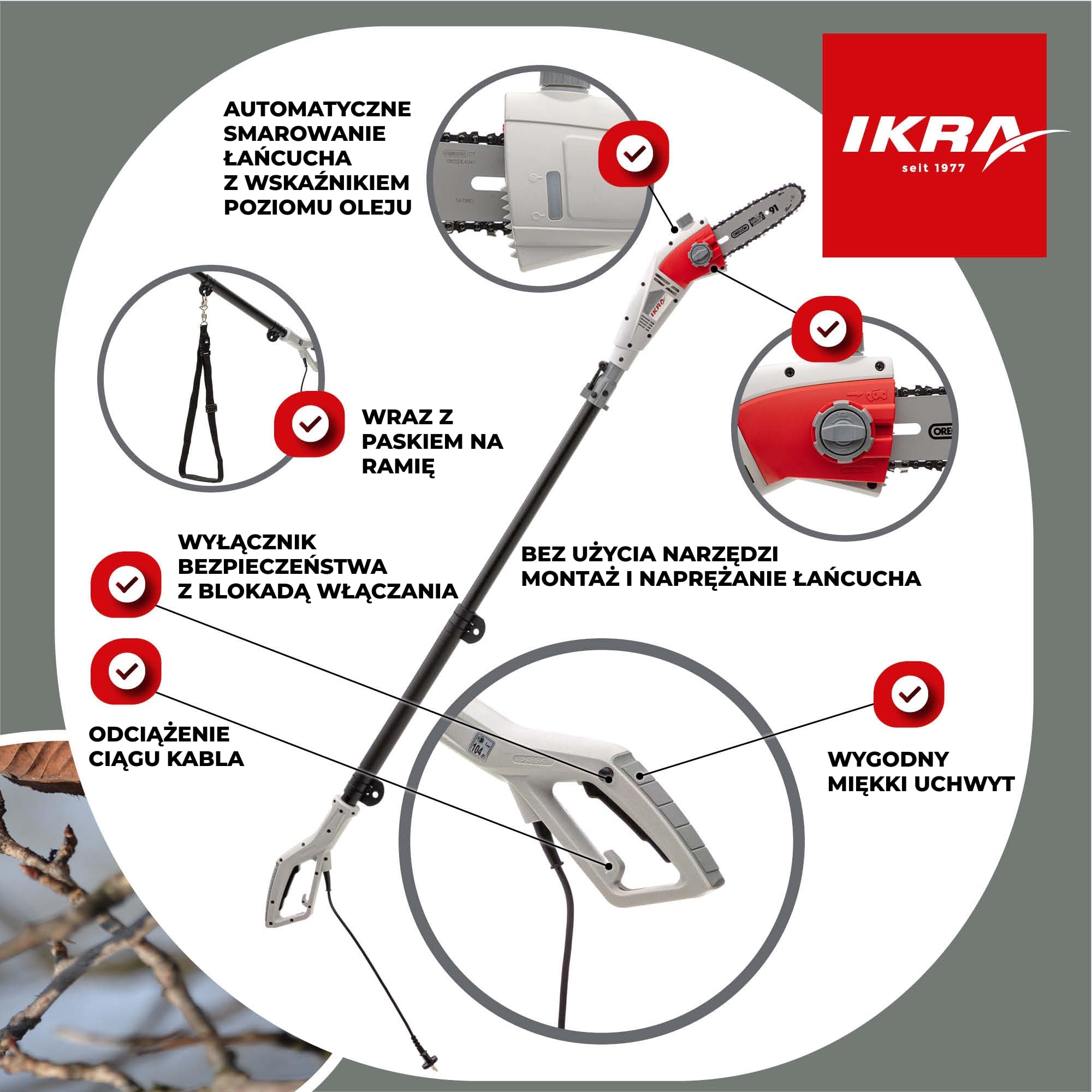 IKRA pilarka łańcuchowa teleskopowa elektryczny IEAS 750, długość cięcia 185 mm, wysokość robocza 4 m, z paskiem na ramię, pilnikiem i osłoną ochronną