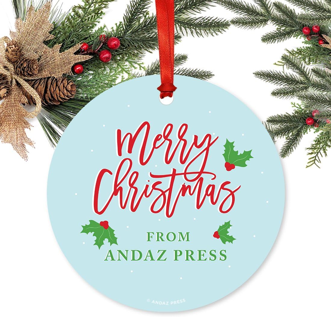 Andaz Press Fully Personalized Metal Christmas Ornament, Light Blue with Red Text and Berries, 1-Pack, Includes Ribbon and Gift Bag, Custom Design, for Corporate Business Gift Ideas