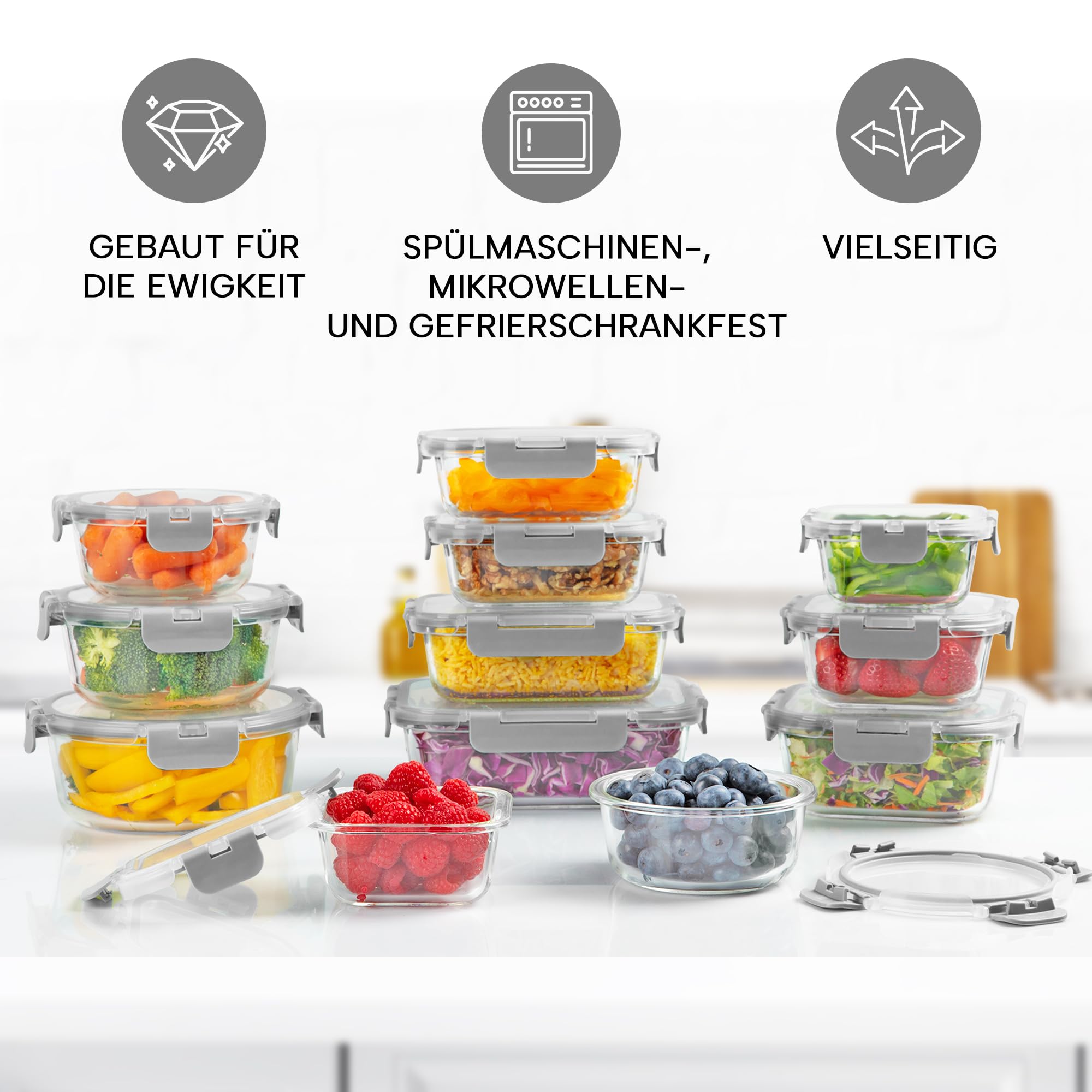Zulay 12er-Set Glas-Frischhaltedosen für Meal Prep, Tupperdosen Set aus Glas mit luftdichten Deckeln - Meal Prep Boxen Gläser, spülmaschinen-, mikrowellen-, ofen- & gefriergeeignet, BPA-frei - Grau