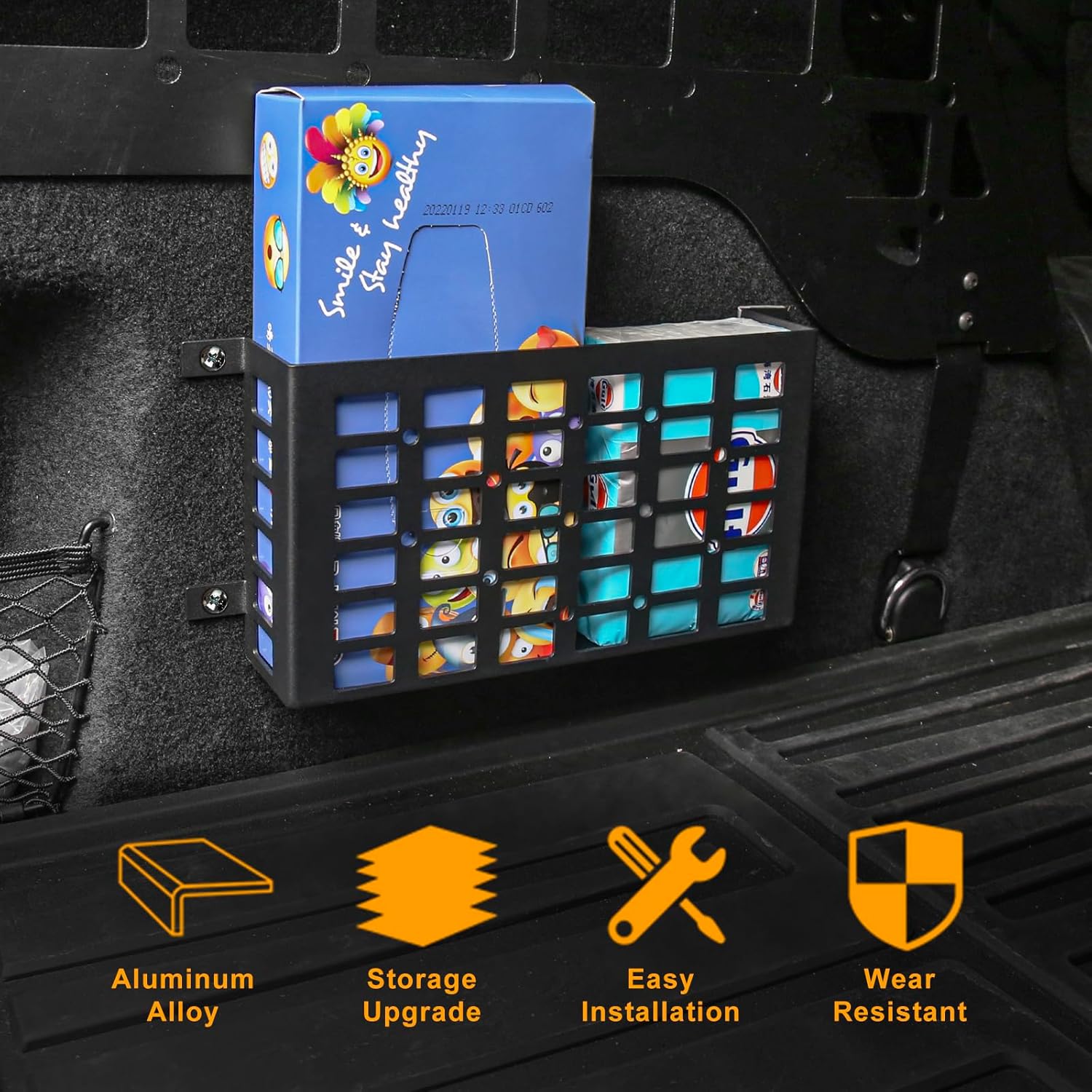 FUNY 2 Pieces Universal Metal Car Storage Box, Small Cargo Pocket Molle Panel Frame Storage System, Storage Tray Basket for Car Truck RV Boat Home Storage, Black