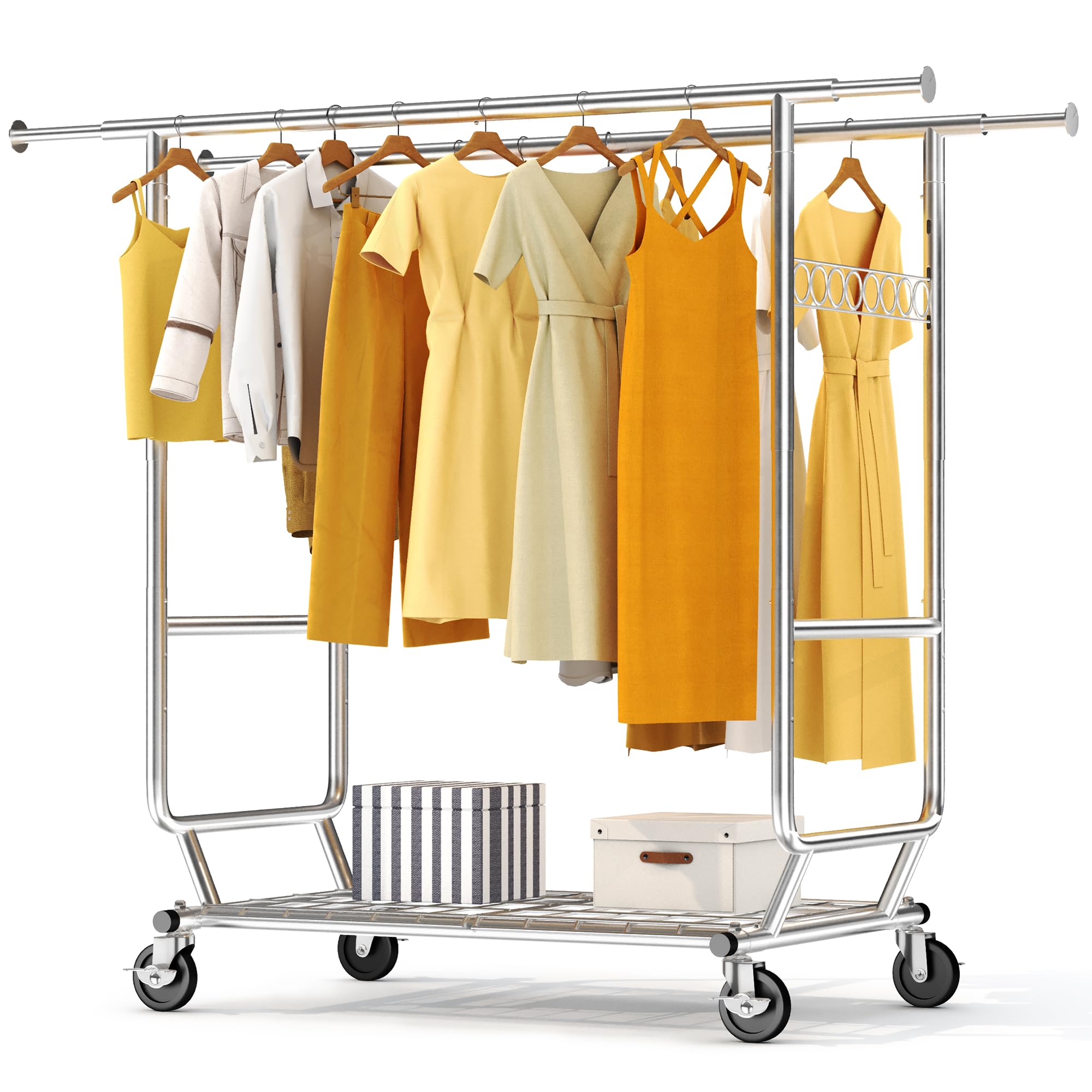 HOKEEPER 600 lbs Commercial Clothing Garment Rack with Shelves Clothing Racks on Wheels Rolling Closet Clothes Rack Heavy Duty Portable Collapsible Adjustable, Chrome Finish