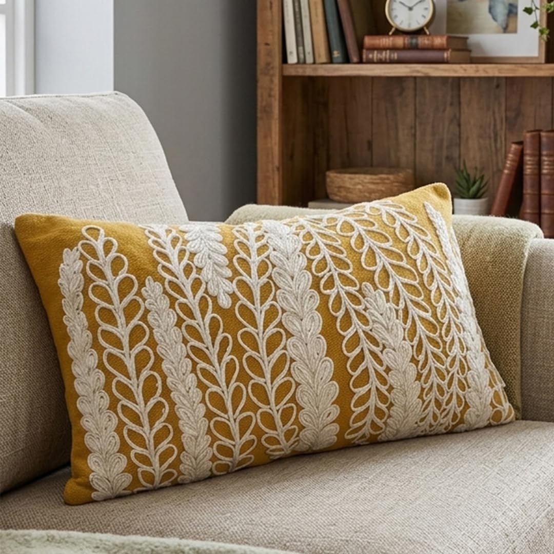 ANWYN 100% Cotton Cushion Cover 12"x20" – Textured Vine Pattern Dori Embroidered Cushion – 1 Pc Rectangle Shaped 30x50 cm, Mustard & White Boho Lumbar Cushion Covers for Sofa, Couch & Bed-image-2