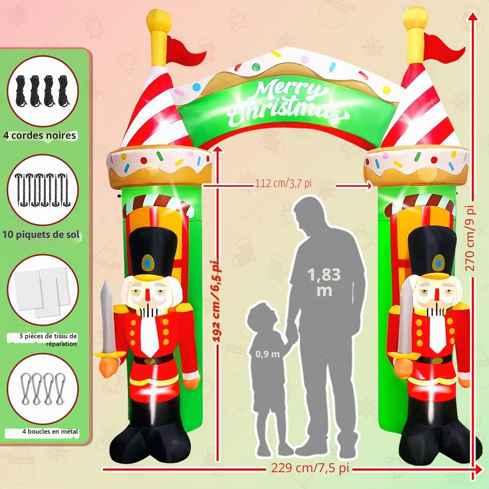 Kalolary 9FT Arche Gonflable de Noël, Arche Soldat Casse-Noisette Décoration Gonflable Merry Christmas pour l'extérieur avec lumières LED intégrées pour la décoration intérieure et extérieure