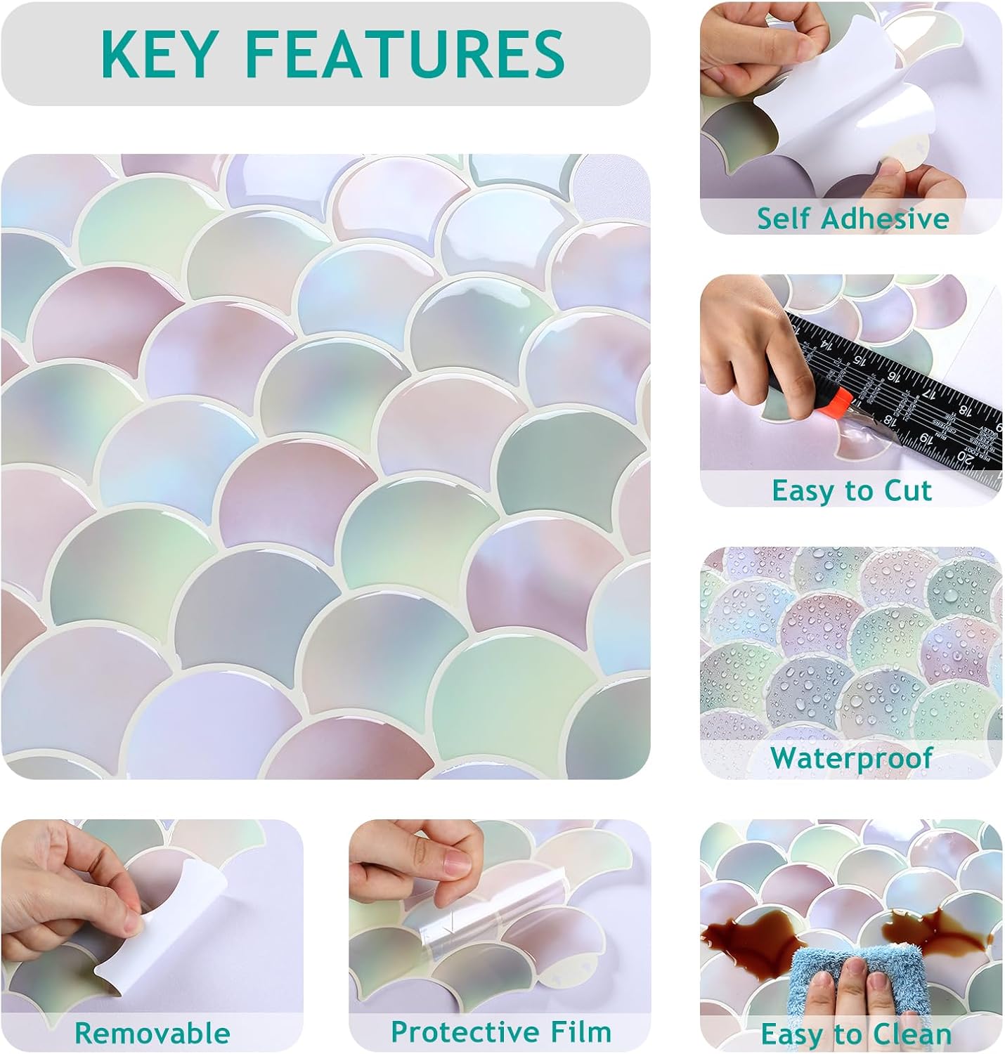 VEELIKE Fish Scale Backsplash Tile Peel and Stick Pink Mermaid Tile Stickers for Kitchen Bathroom Wall Tiles Waterproof Removable 6-Sheets Back Splash Stick on Tiles for Laundry Room Renters 12''x12''