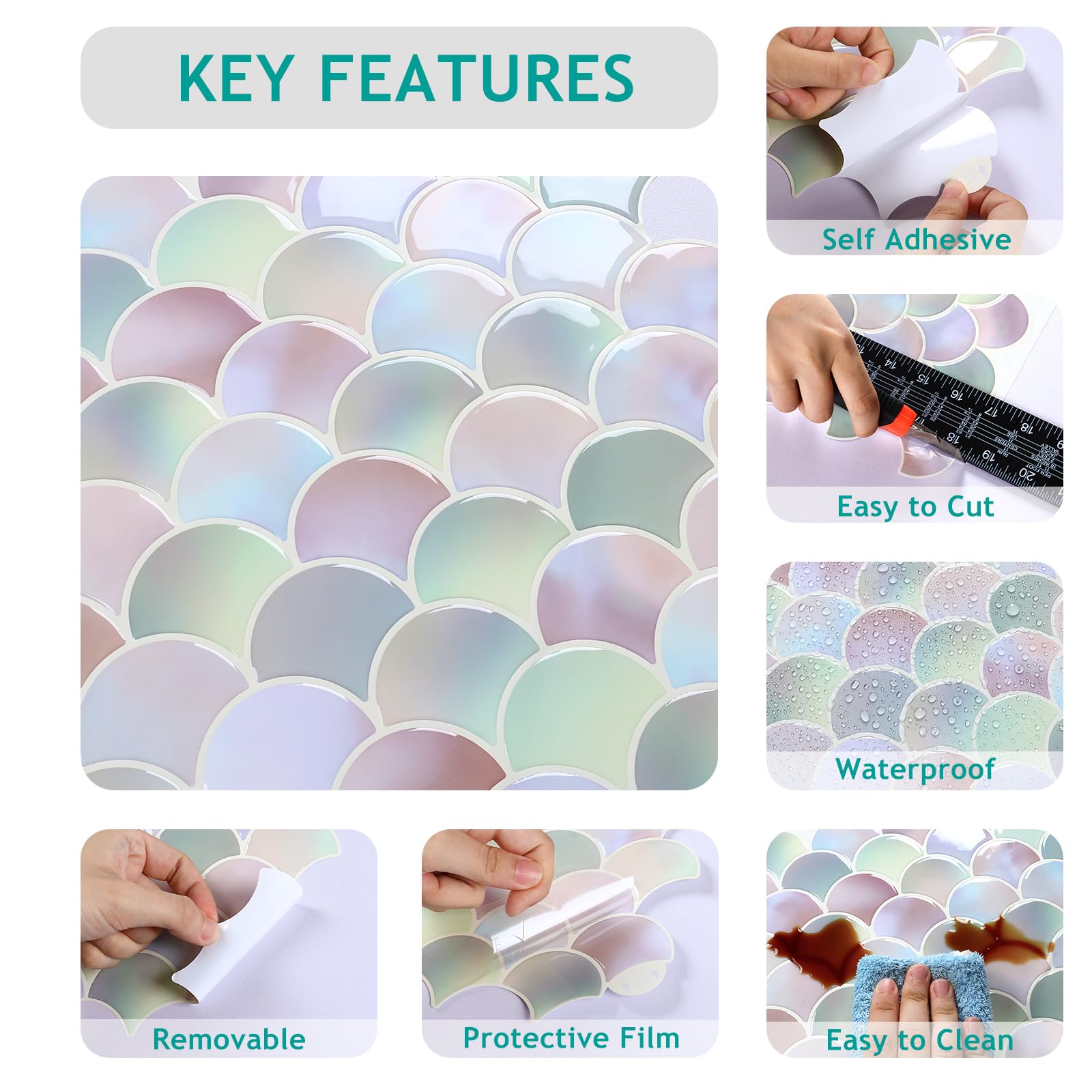 VEELIKE Carrelage Adhesif Mural Cuisine Sirène Rose 3D Forme D'éventail Dalle PVC Adhesive Murale 12 Pièces Credence Adhesive Salle de Bain Autocollant Carrelage Cheminée Amovible 30,5cm x 30,5cm