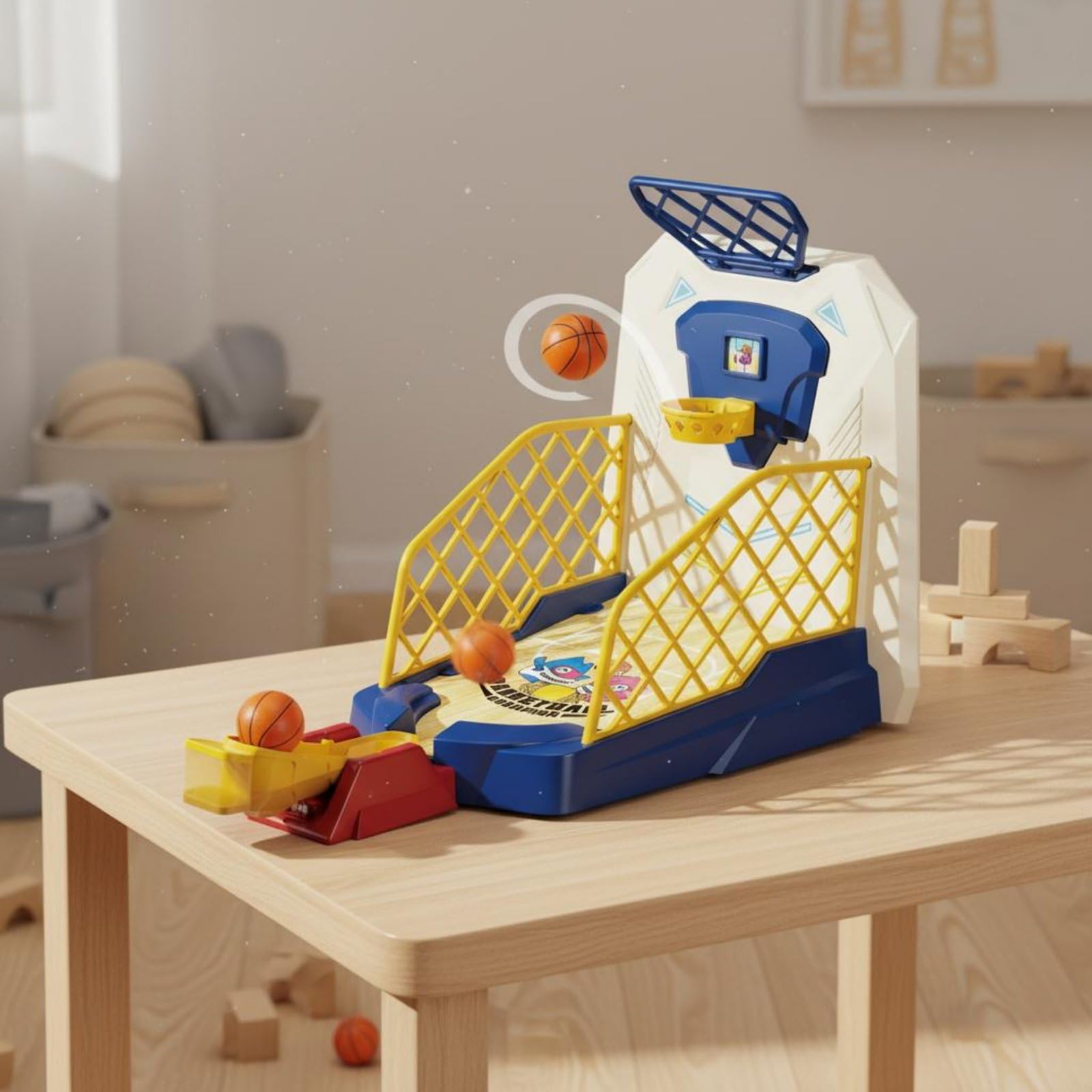 Qianly Gioco di Basket per Bambini Mini Canestro da Tavolo con Rampa Angolata E di Deviazione per Partite Dinamiche Adatto per Gioco al Chiuso Cameretta Famiglia, Moderno con Luci E Musica