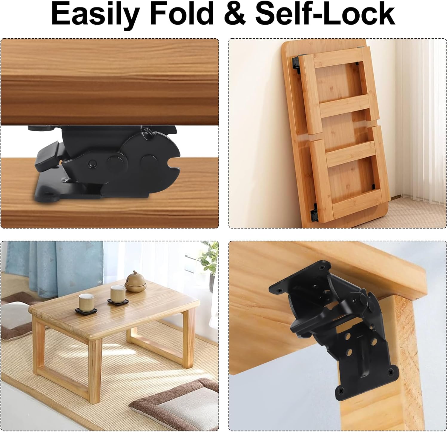 Self Locking Hinges Furniture Table Legs Locking Brackets, 90 Degree Folding Hinge 4 Pack, Extension Brackets of Workbenches, Black Steel with Nickel-Plated Finish