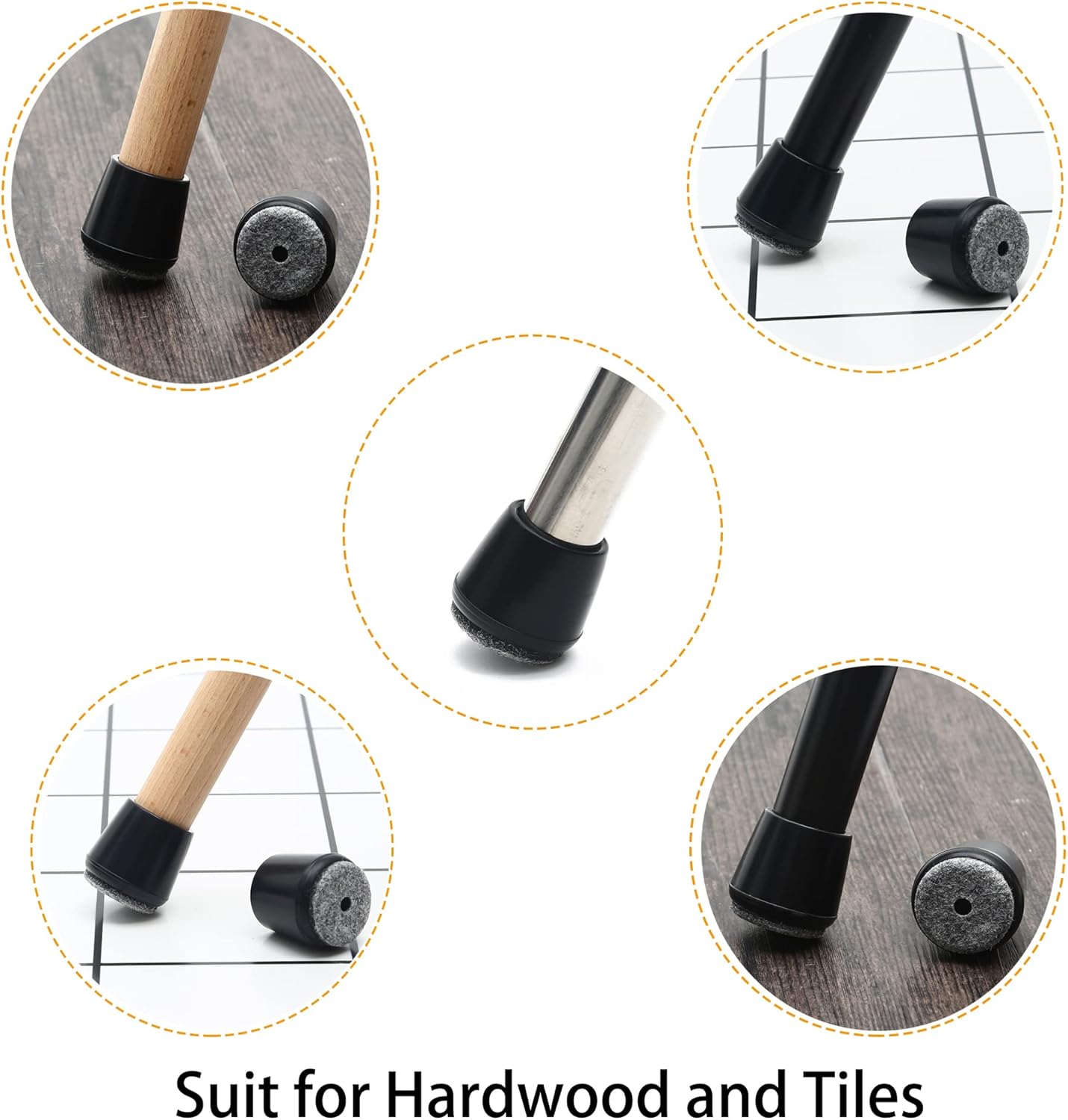 Furnigear 1-1/8" Chair Leg Tips Caps with Felt Chair Leg Floor Protectors for Hardwood Floors Chair Leg Sliders Felt Pads for Stool Leg Folding Metal Chair Leg Tip Cover Replacement Round Black 8 Pack