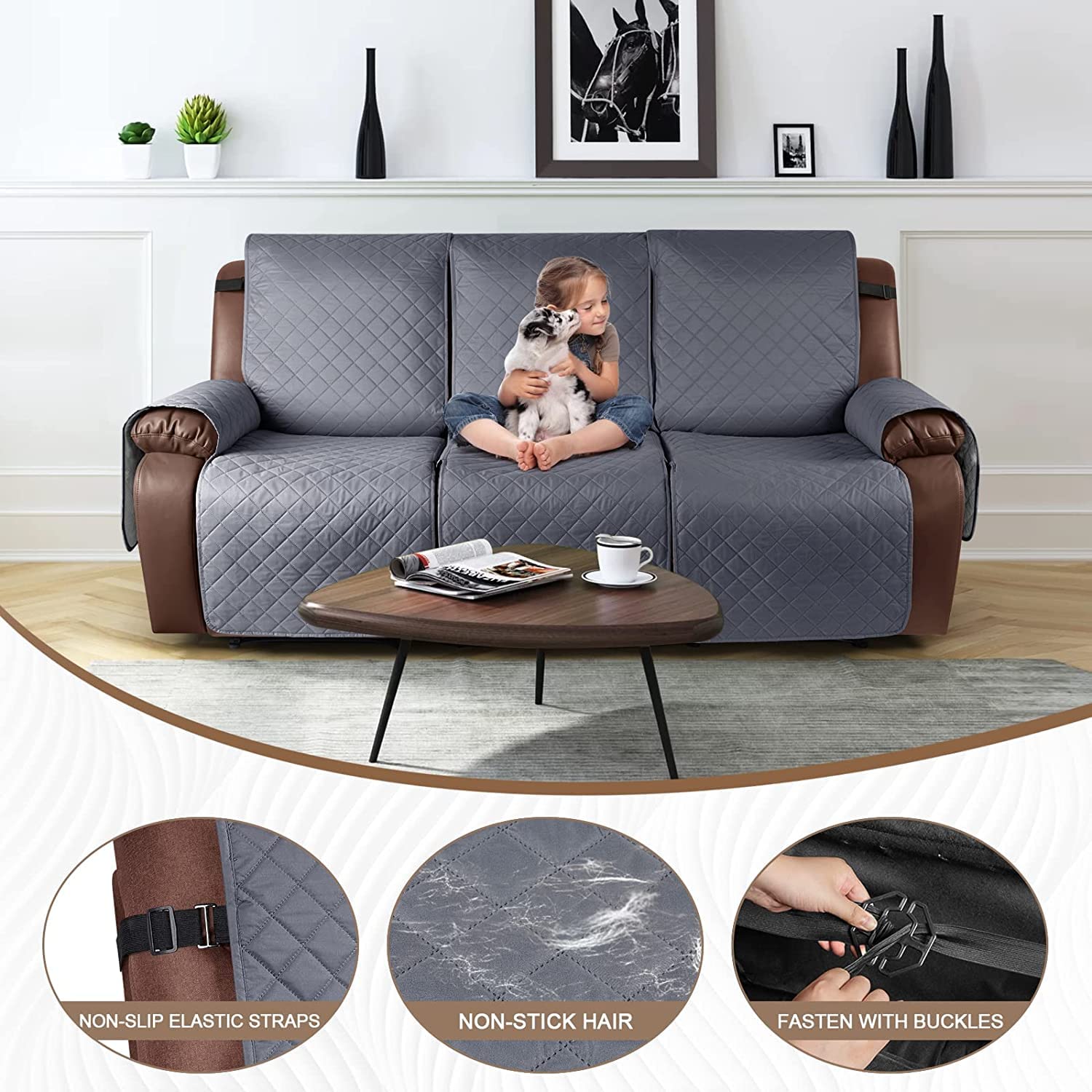 Funda de Silla Relax Antideslizante Funda para Sofá, Funda Sillón Reclinable Impermeable con Reposabrazos y Bolsillos, Fundas de Muebles para el hogar con mascotas y niños (Gris Oscuro,3 Plazas/Sofá)