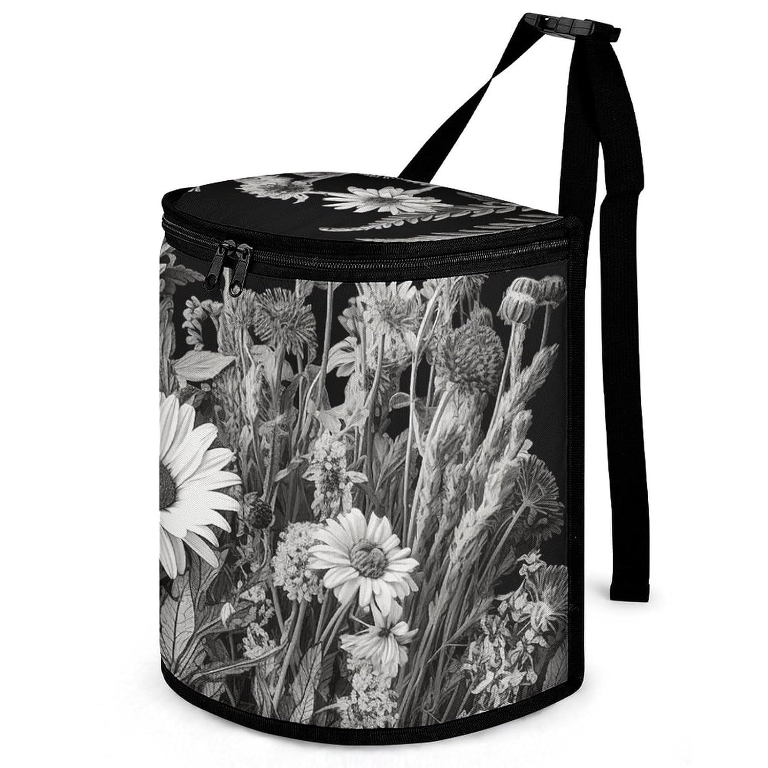 Hanging Car Trash Bag Black and White Flowers Printed Car Garbage Storage Bag Leakproof Car Trash Can Portable Garbage Storage Bags
