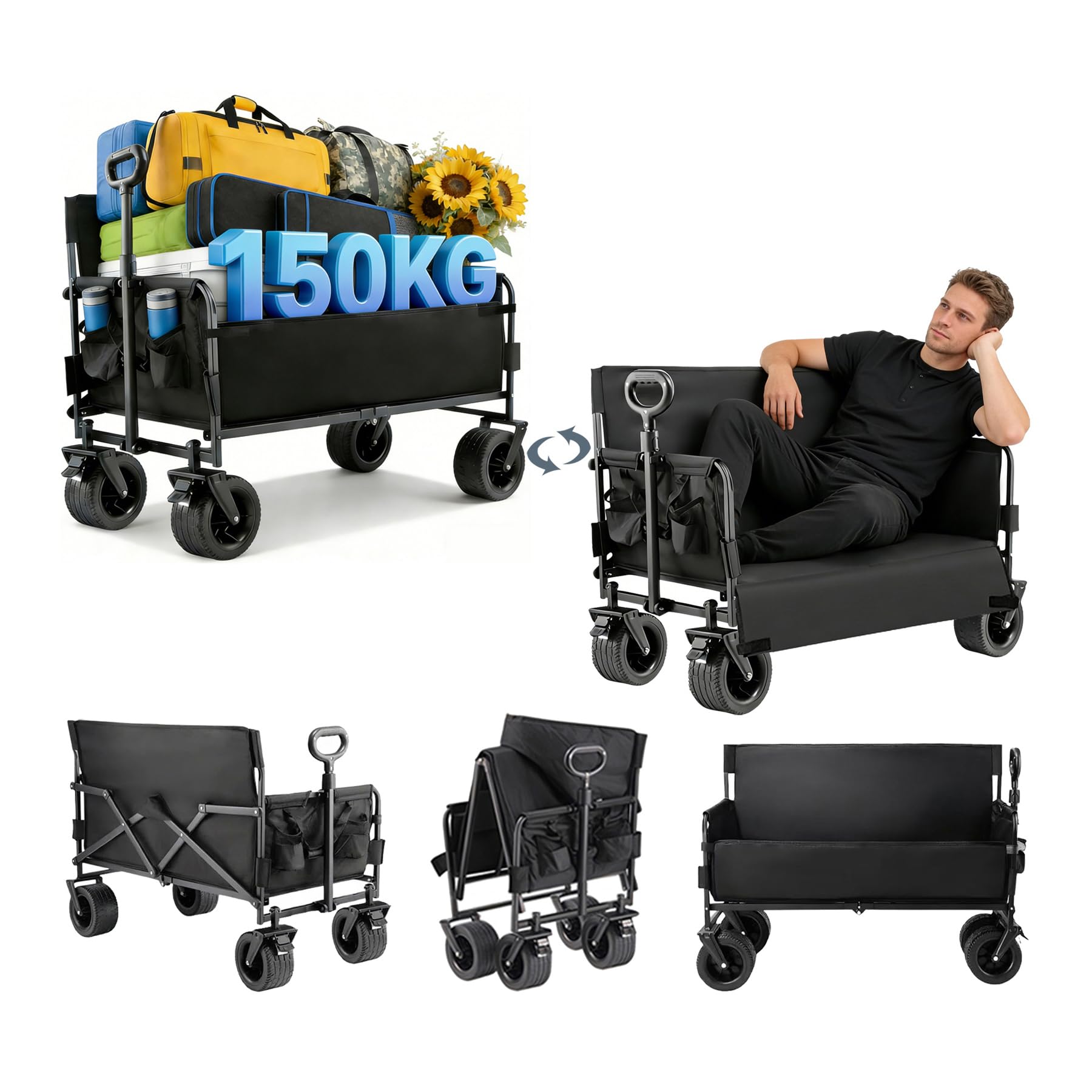 Nine point nine Festival Trolley Converts to Bench, 445LBS Capacity Camping Trolley, Beach Cart with Flexible Handle, Collapsible Wagon with Wheels (008 Black)