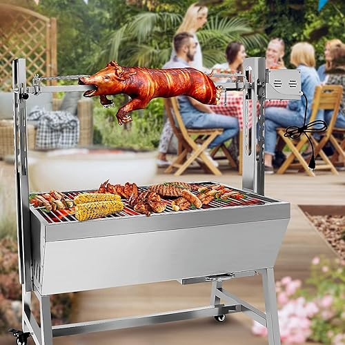 Miniatura 2 de Parrilla asadora de acero inoxidable de 132 libras con protector de cubierta trasera, asador de cordero pequeño con motor de 25 W, asador de carbón