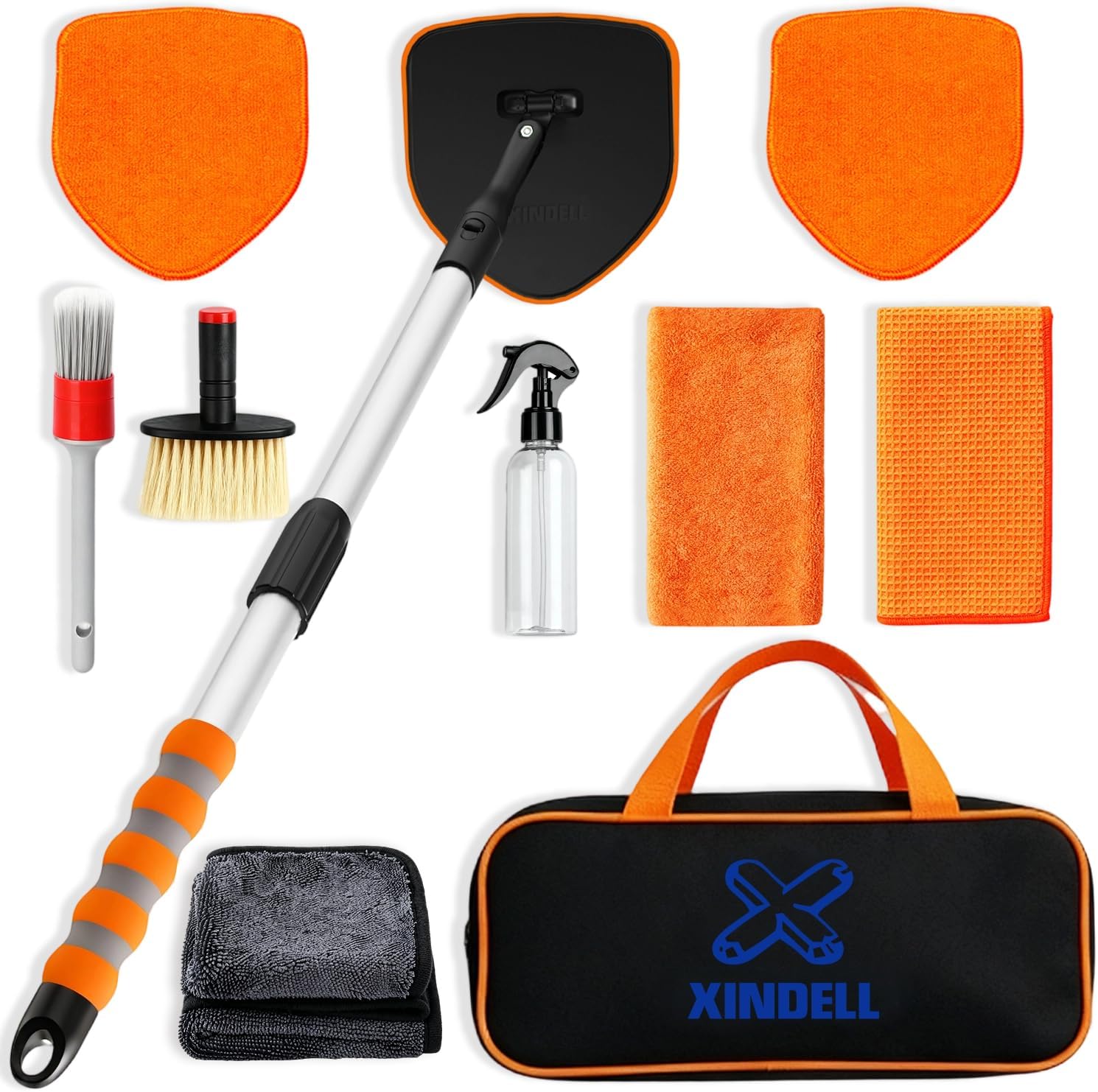 XINDELL Windshield Cleaner Tool, Extendable Car Window Cleaning Kit with 360° Rotating Head, All Purpose 10pcs Interior Exterior Glass Cleaner for Cars Trucks SUVs, with Microfiber Pads & Towels